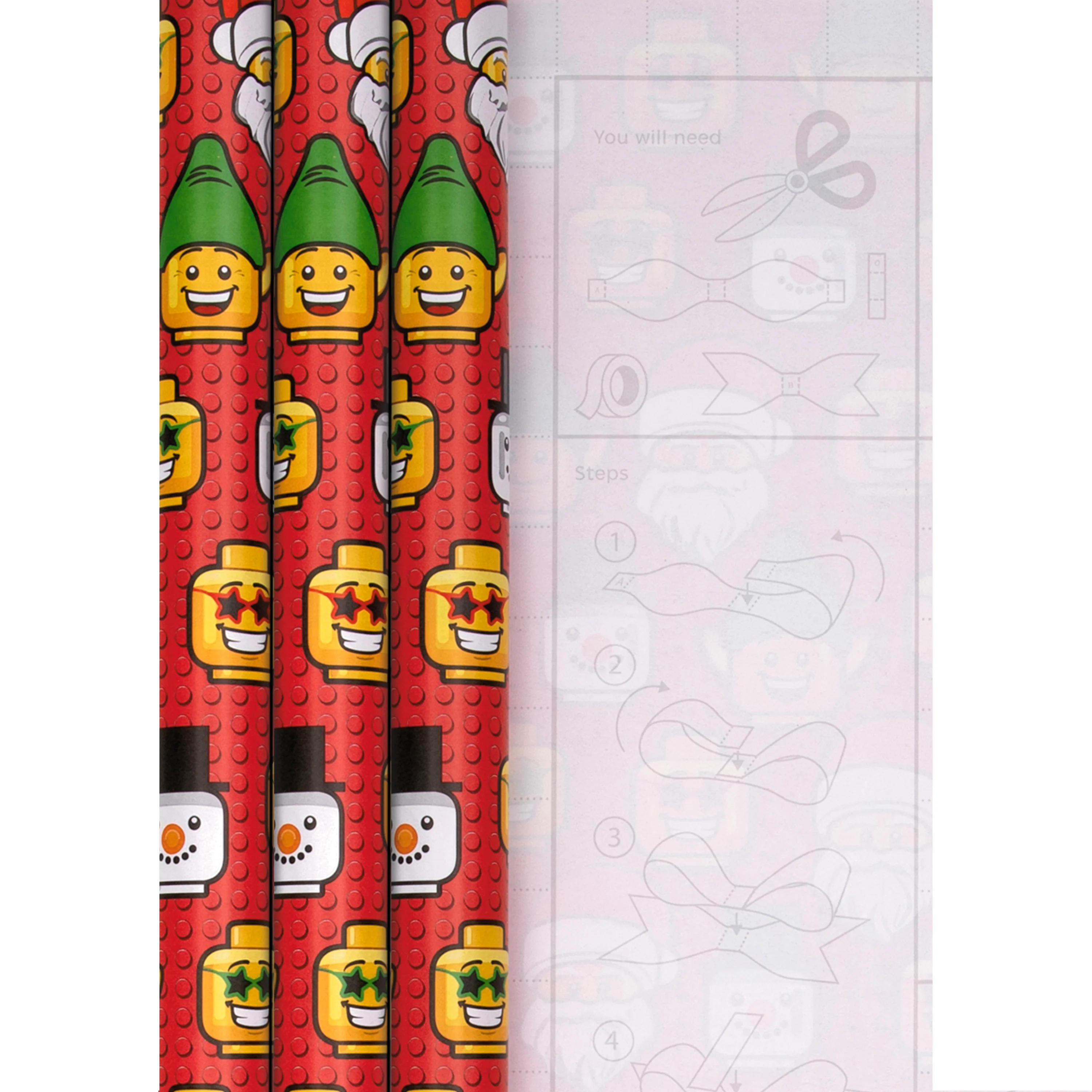 12M Multipack Christmas Wrapping Paper - 3 x 4M Rolls in 1 Red LEGO® heads Design - Image 2