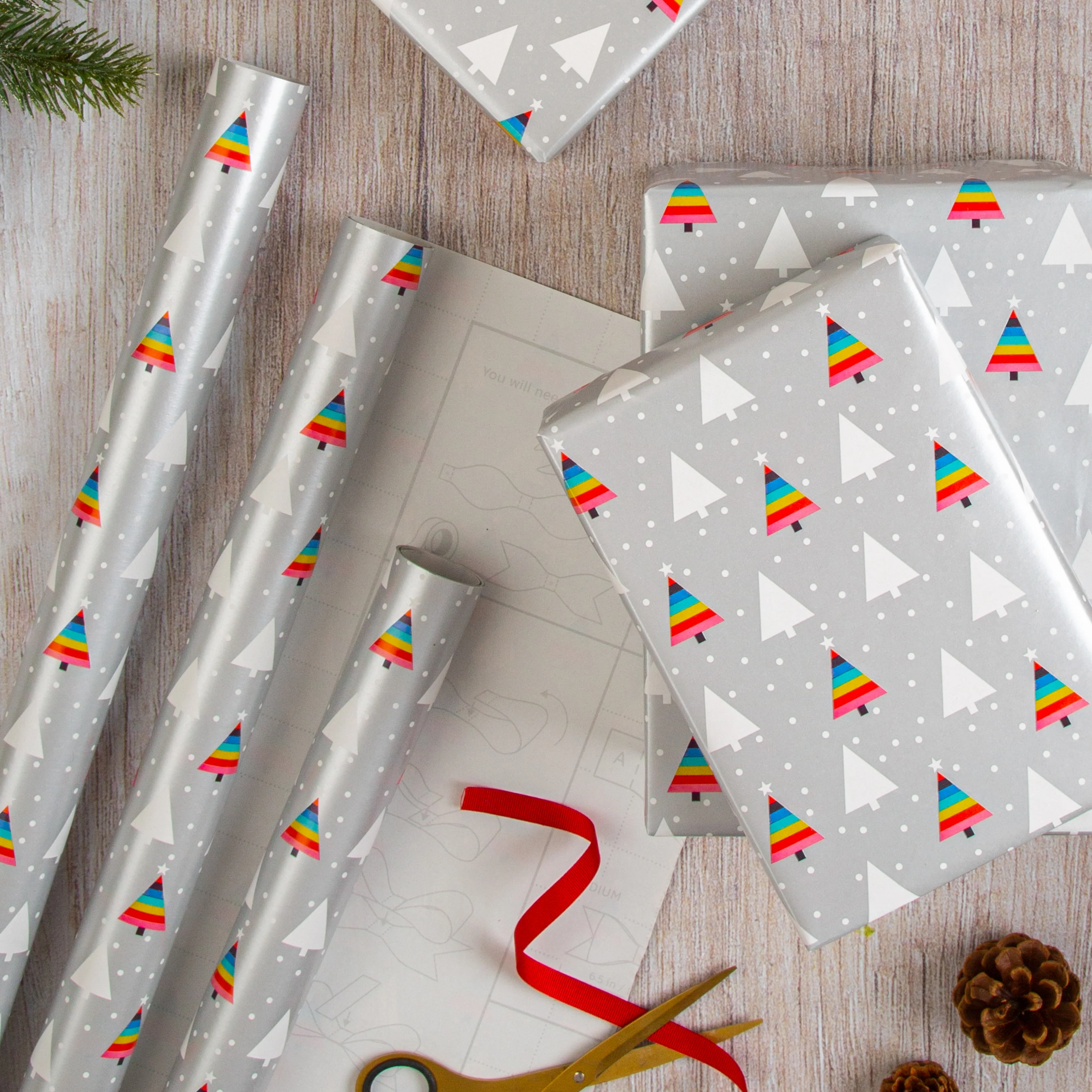 9M Christmas Wrapping Paper - Pack of 3 x 3M Rolls in 1 Rainbow Tree Design - Image 2
