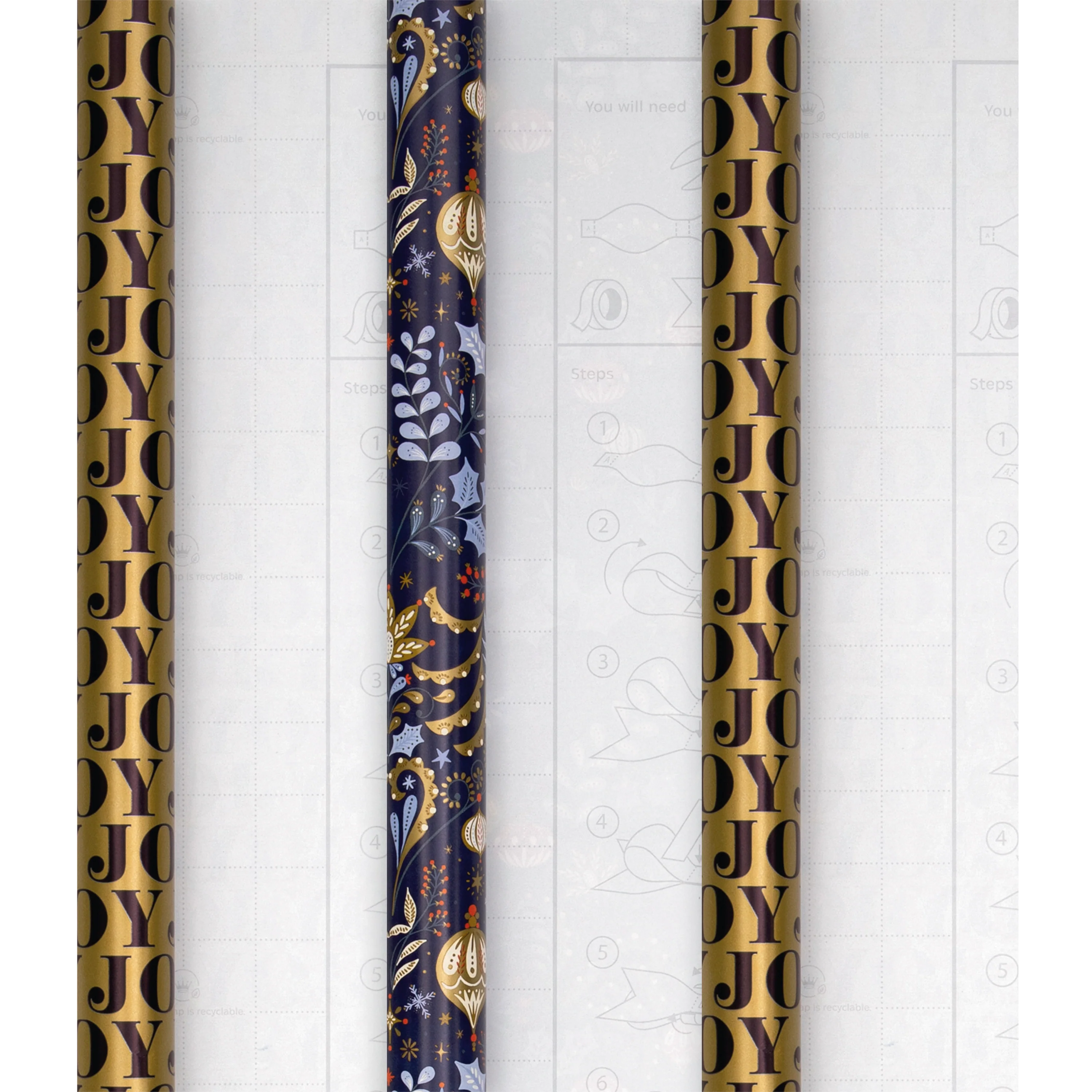 9M Christmas Wrapping Paper - Pack of 3 x 3M Rolls in 2 Gold & Navy Designs - Image 3