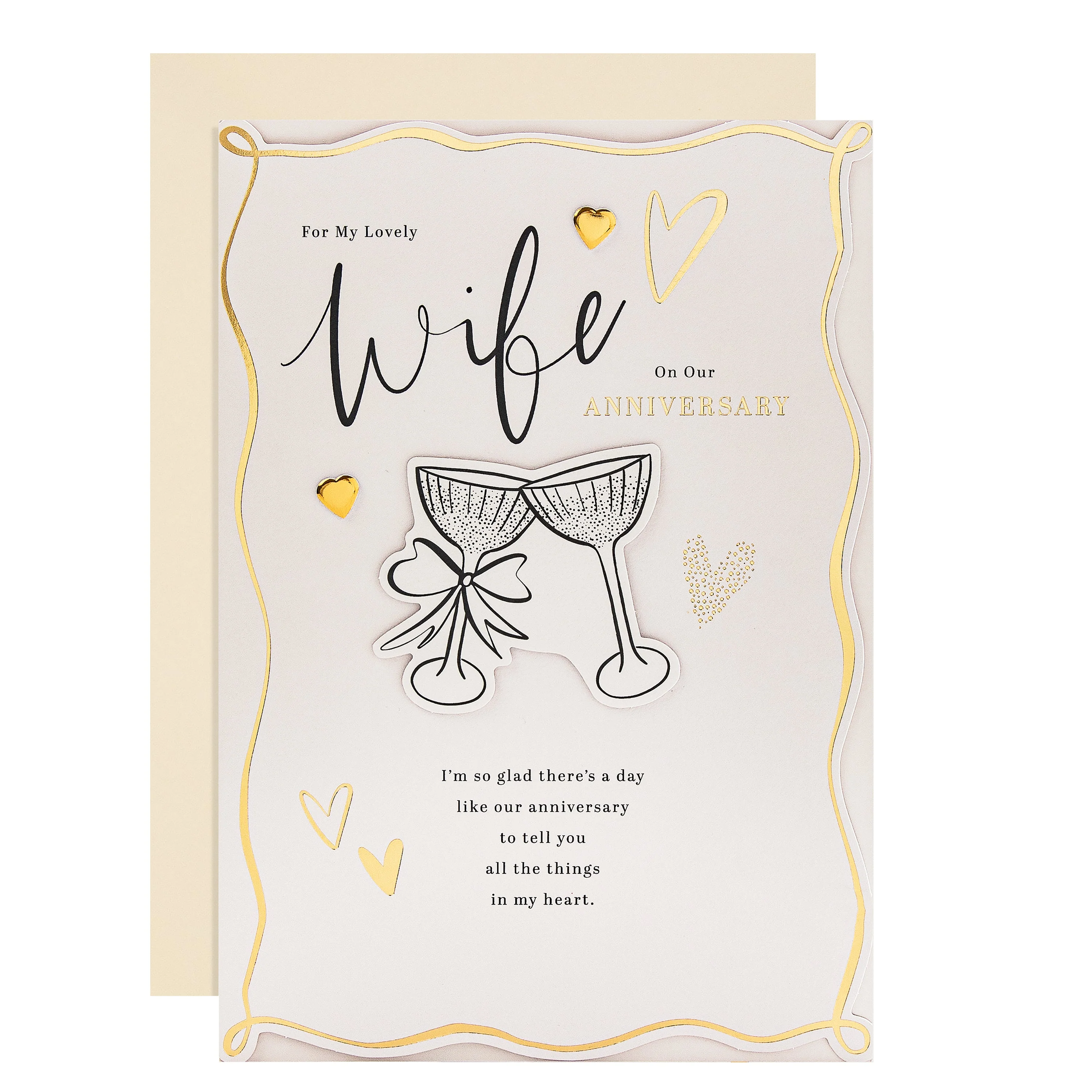 Anniversary Card for Wife - Gold Foil Hearts Design & Heartfelt Verse