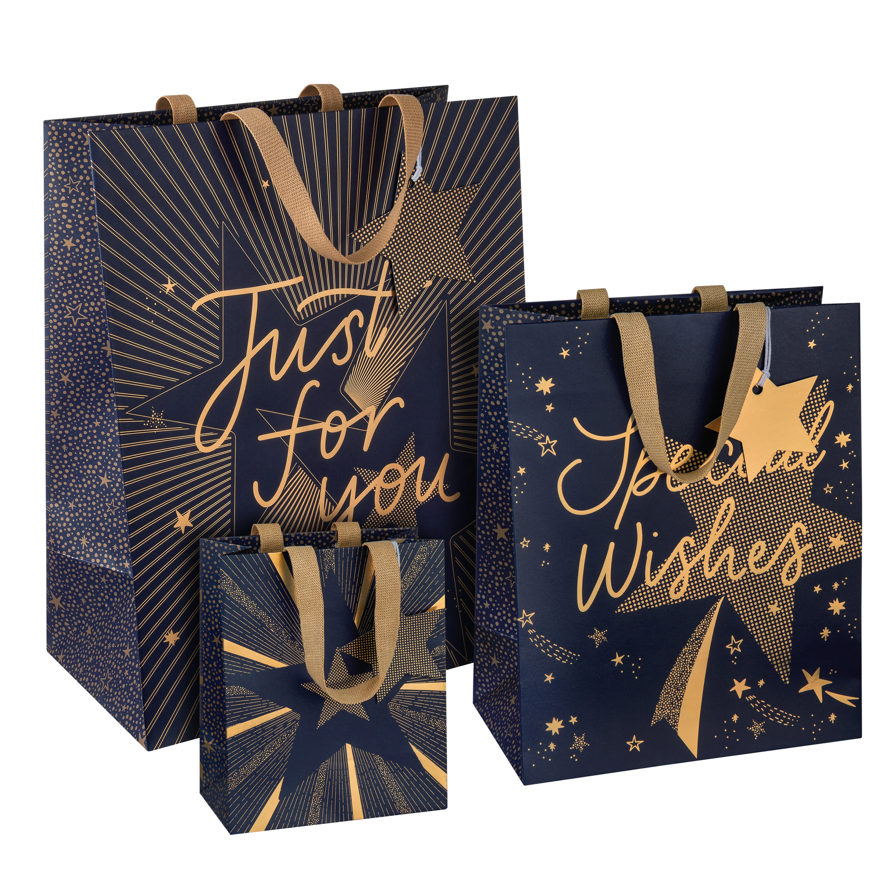 Any Occasion Gift Bags - 3 Pack in 3 Gold-Foiled Star-Themed Celebration Designs & 3 Sizes
