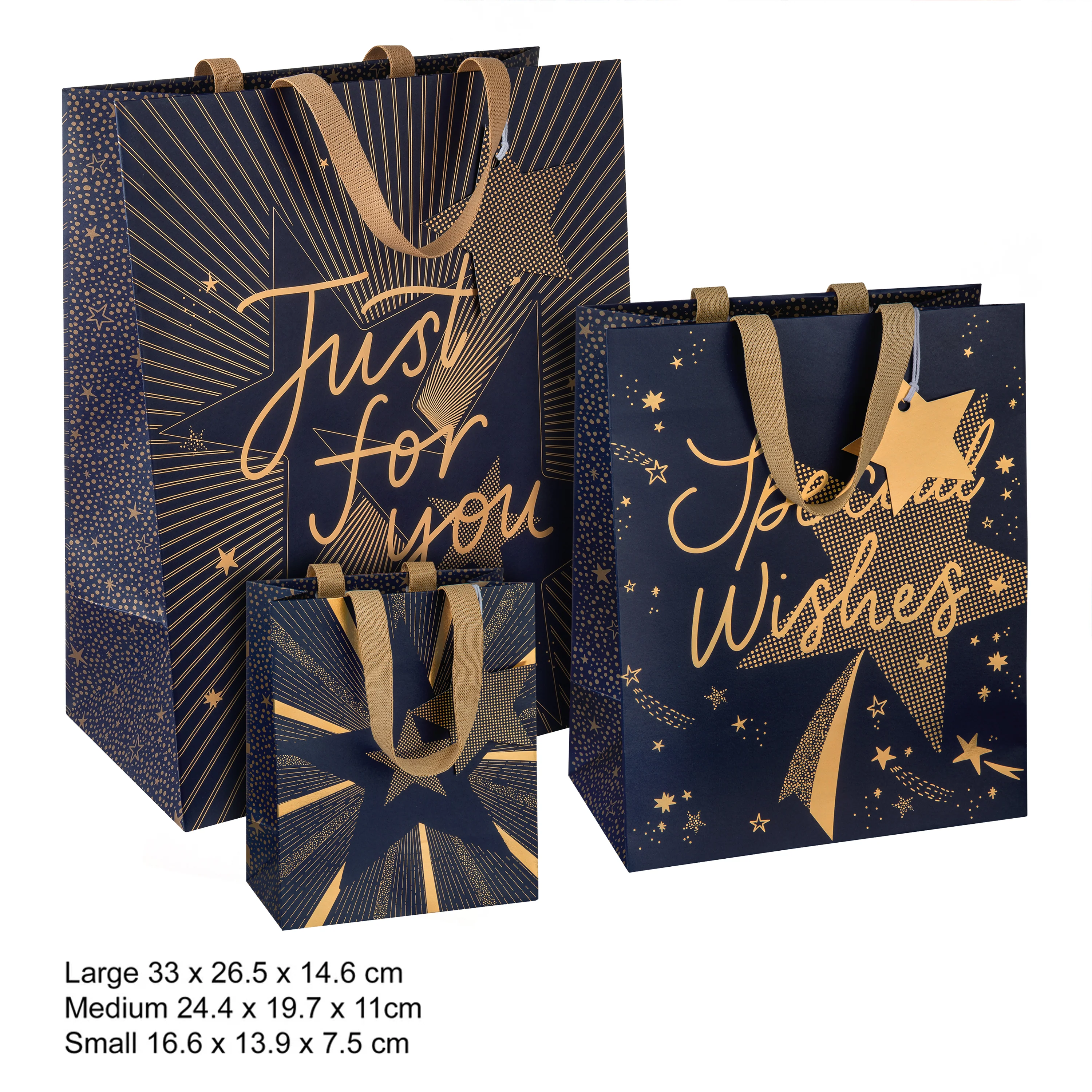 Any Occasion Gift Bags - 3 Pack in 3 Gold-Foiled Star-Themed Celebration Designs & 3 Sizes - Image 3