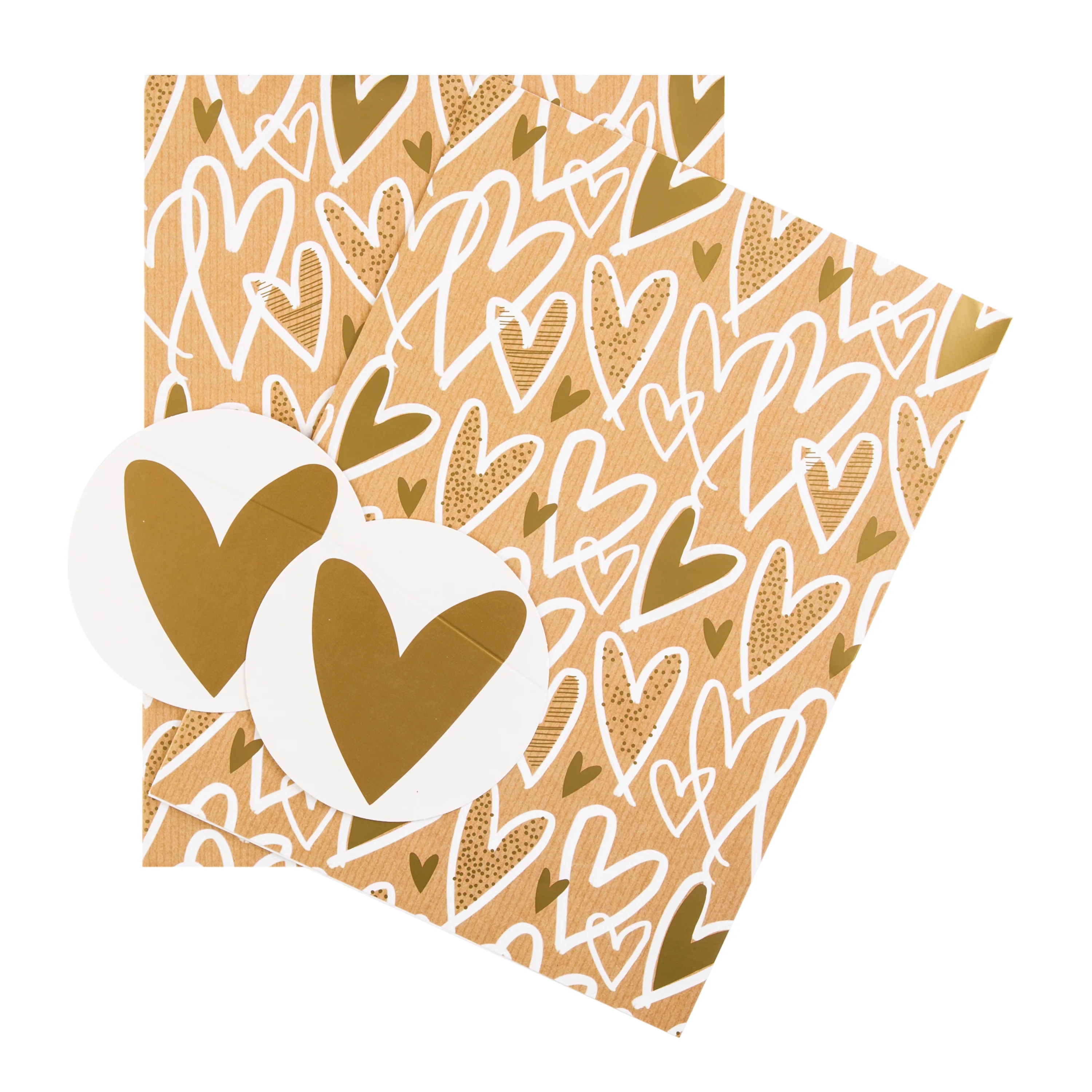 Any Occasion Wrapping Paper and Gift Tag Pack - 2 Sheets and 2 Tags in 1 Kraft Hearts Designs