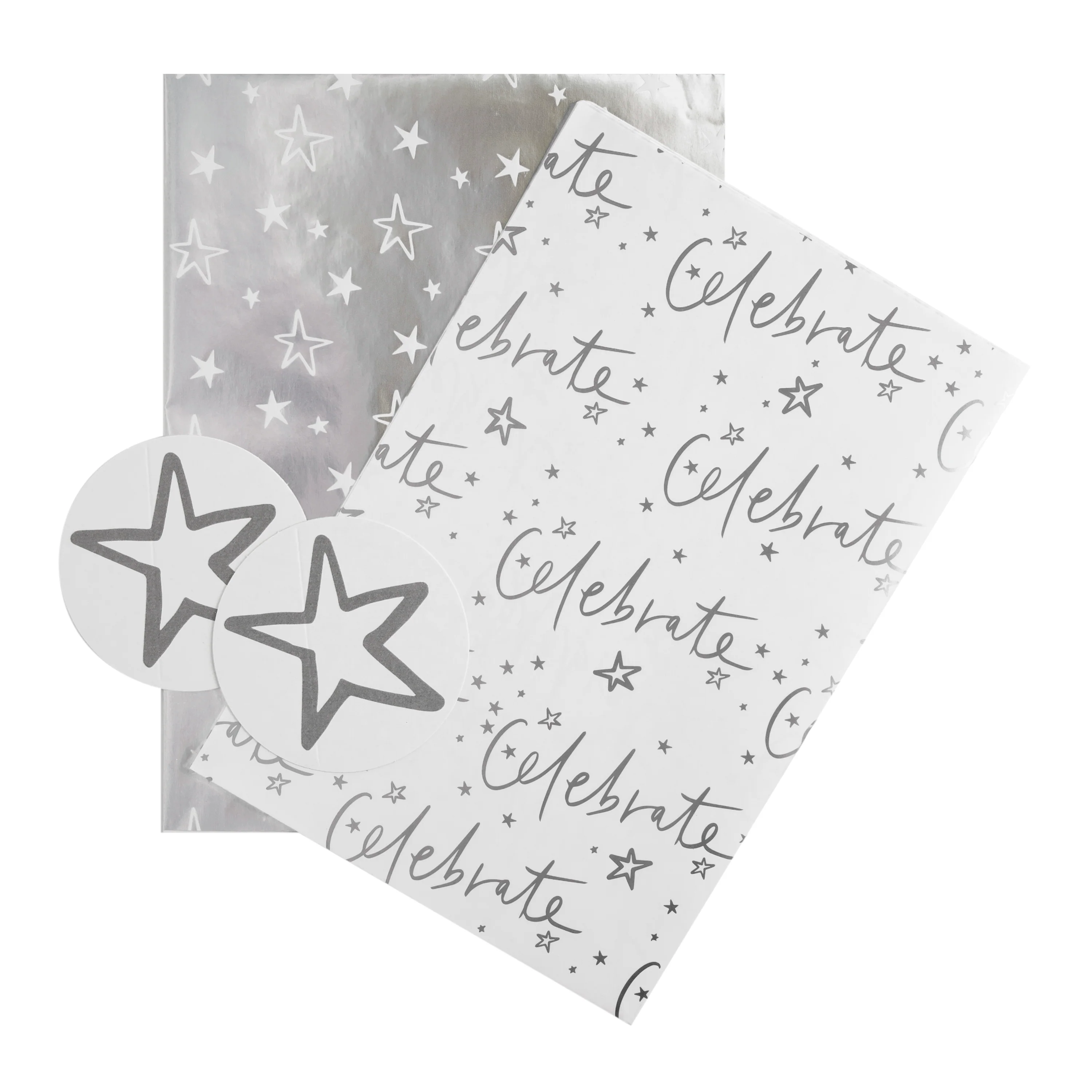 Any Occasion Wrapping Paper and Gift Tag Pack - 2 Sheets and 2 Tags in 2 Foil Text and Stars Designs