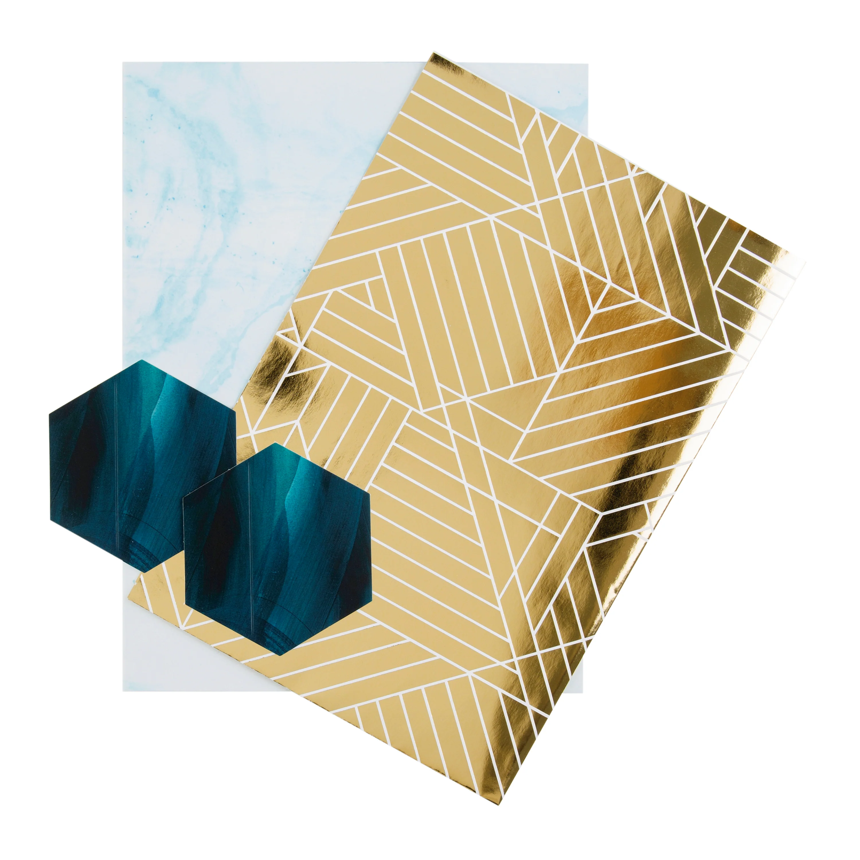 Any Occasion Wrapping Paper and Gift Tag Pack - 2 Sheets and 2 Tags in 2 Gold Foil and Blue Marble Designs