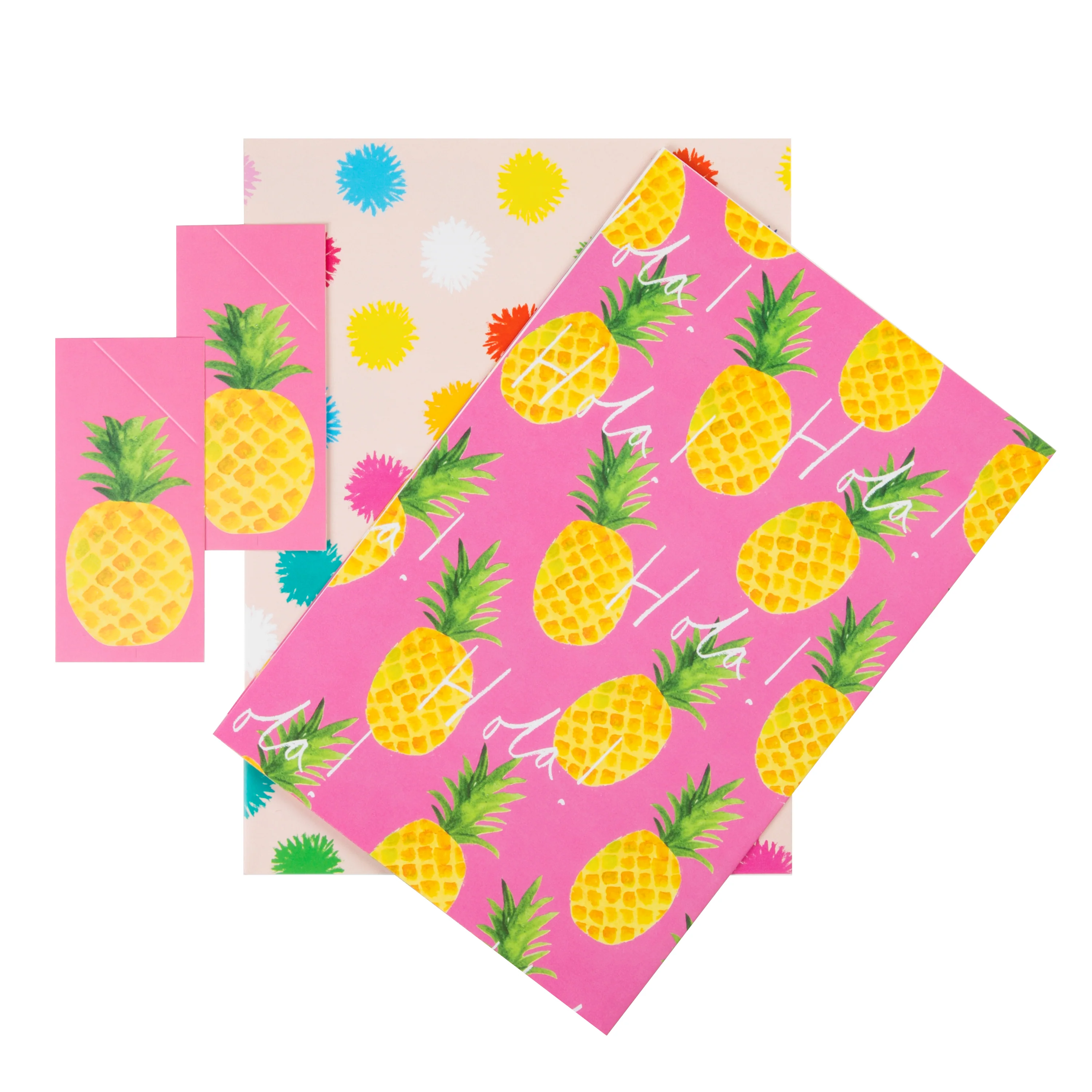 Any Occasion Wrapping Paper and Gift Tag Pack - 2 Sheets and 2 Tags in 2 Pineapples and Pom-poms Designs