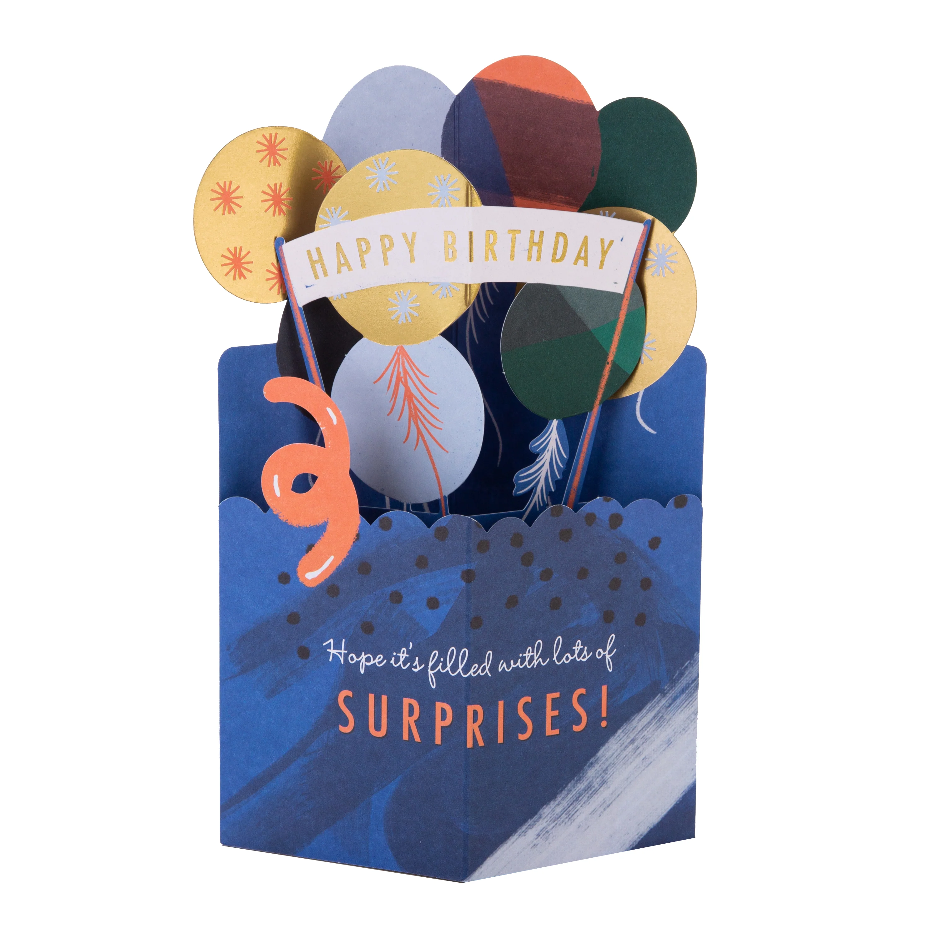 Birthday Card - 3D & Pop Up Blue & Gold Balloons Design