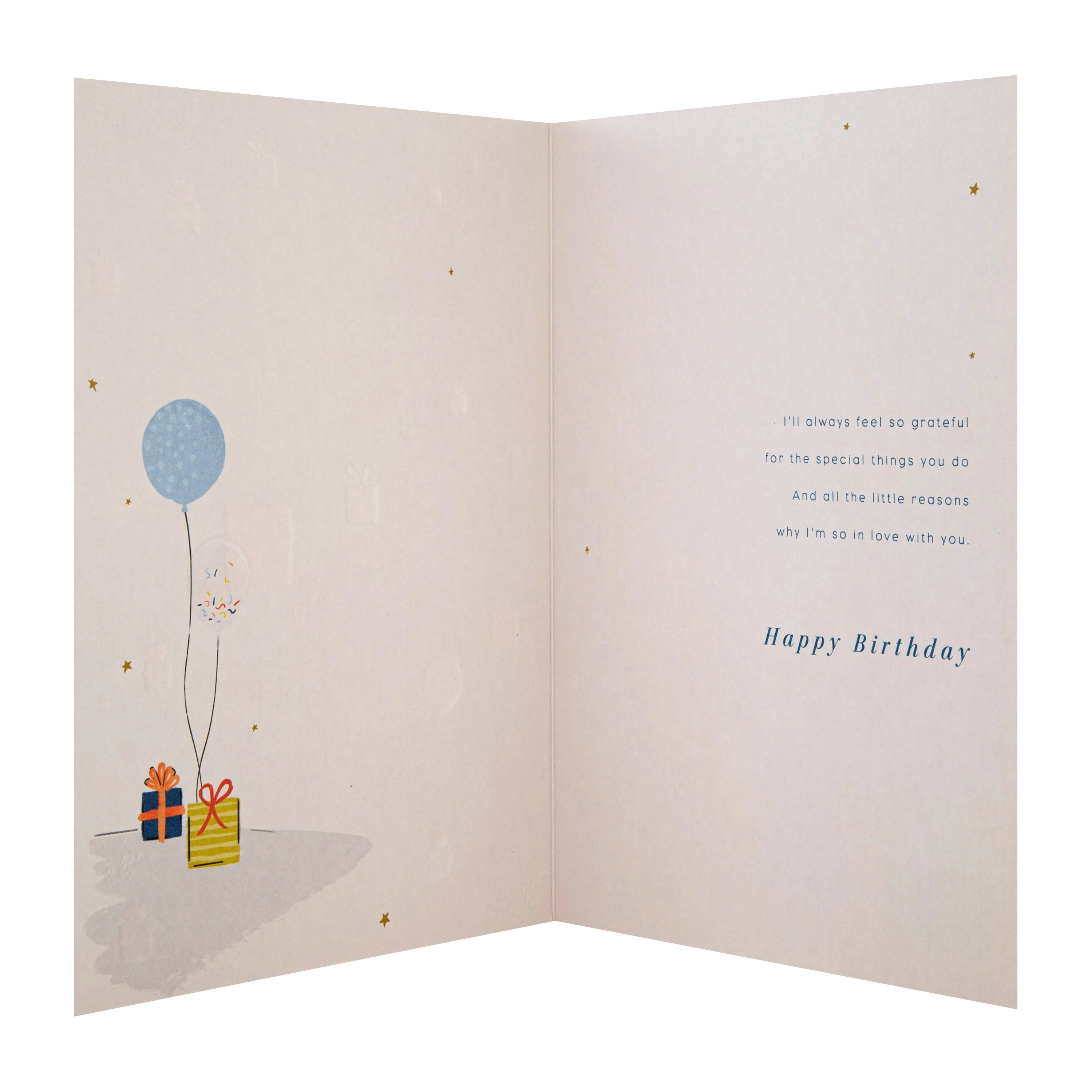 Birthday Card for Husband - Blue Gifts & Balloons Design - Image 2