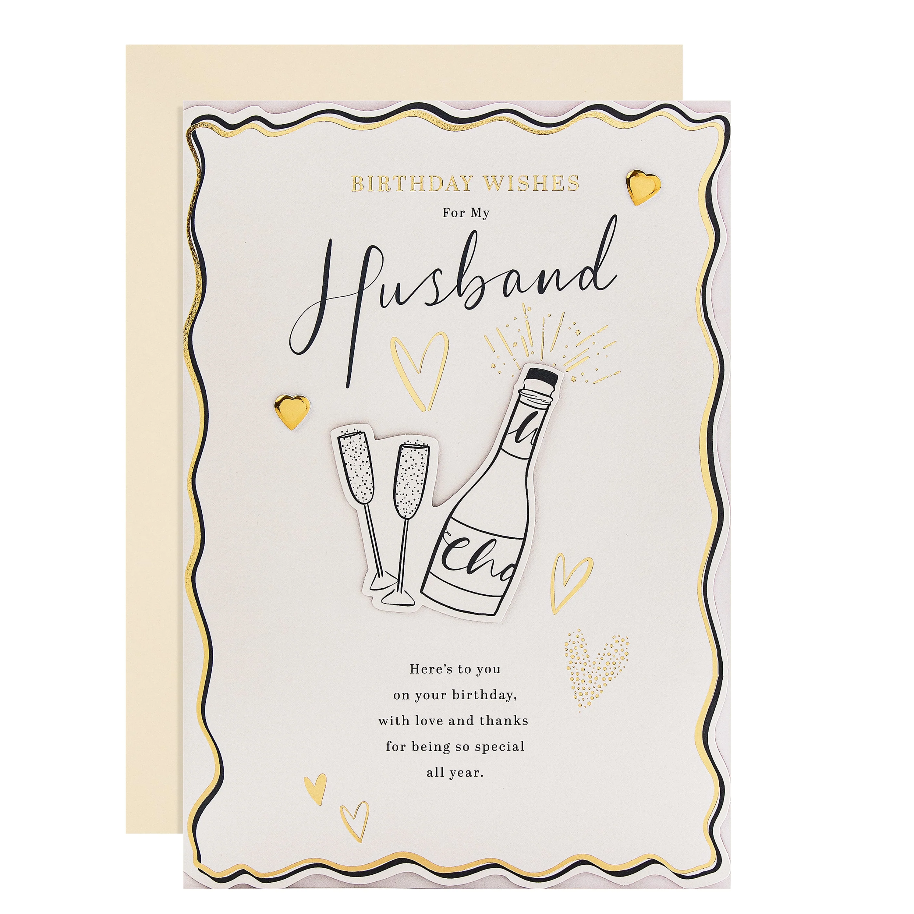 Birthday Card for Husband - Bottle of Bubbly, Glasses & Heartfelt Verse Design