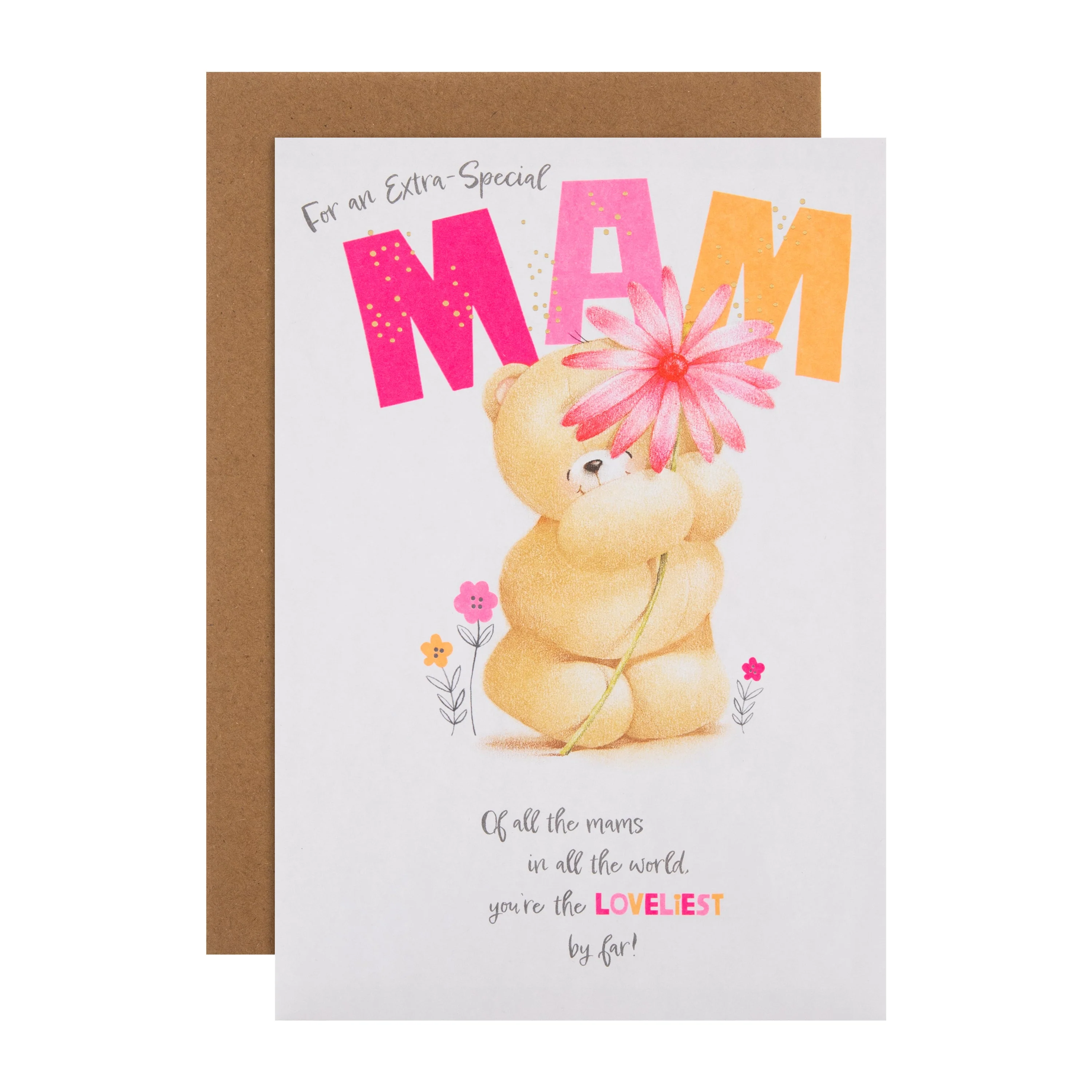 Birthday Card for Mam - Forever Friends Bear Flower Design
