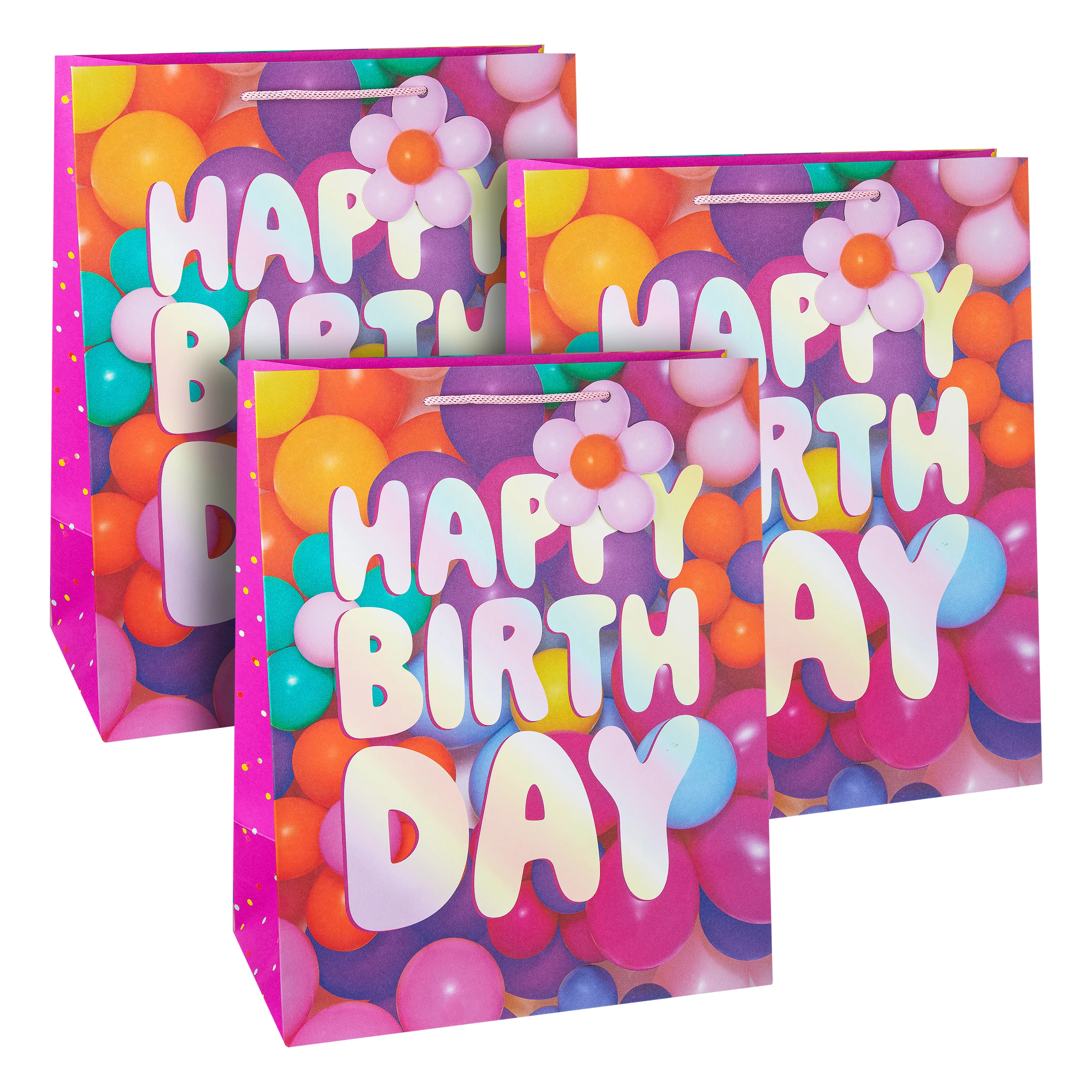 Birthday Gift Bags - 3 Pack in 1 Photographic 'Balloon Flowers' Birthday Design