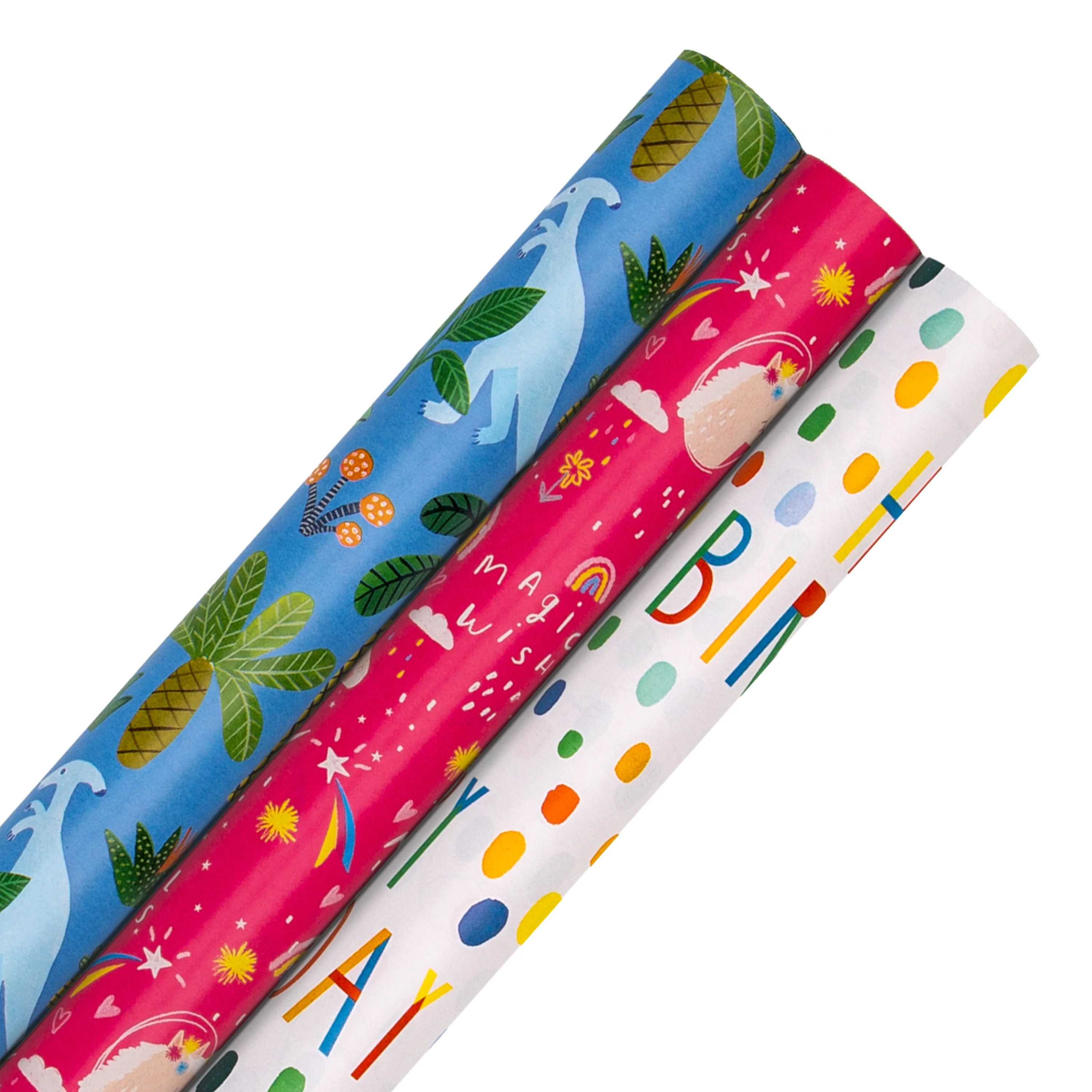 6M Birthday Wrapping Paper Pack for Kids - 3 x 2M Rolls in 3 Fun Designs