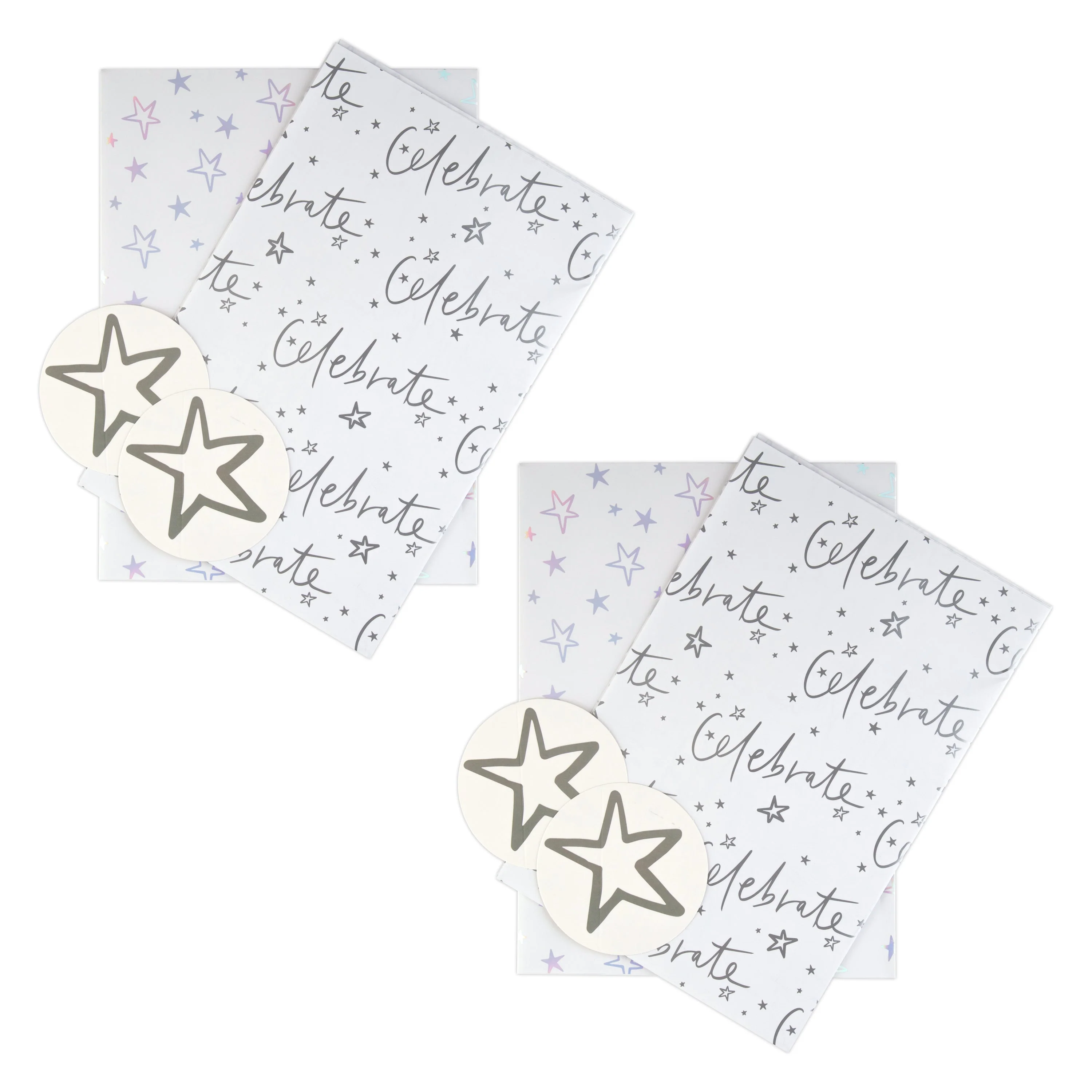 Celebration Wrapping Paper and Gift Tag Pack Bundle - 4 Sheets and 4 Tags in 2 Silver Star Designs