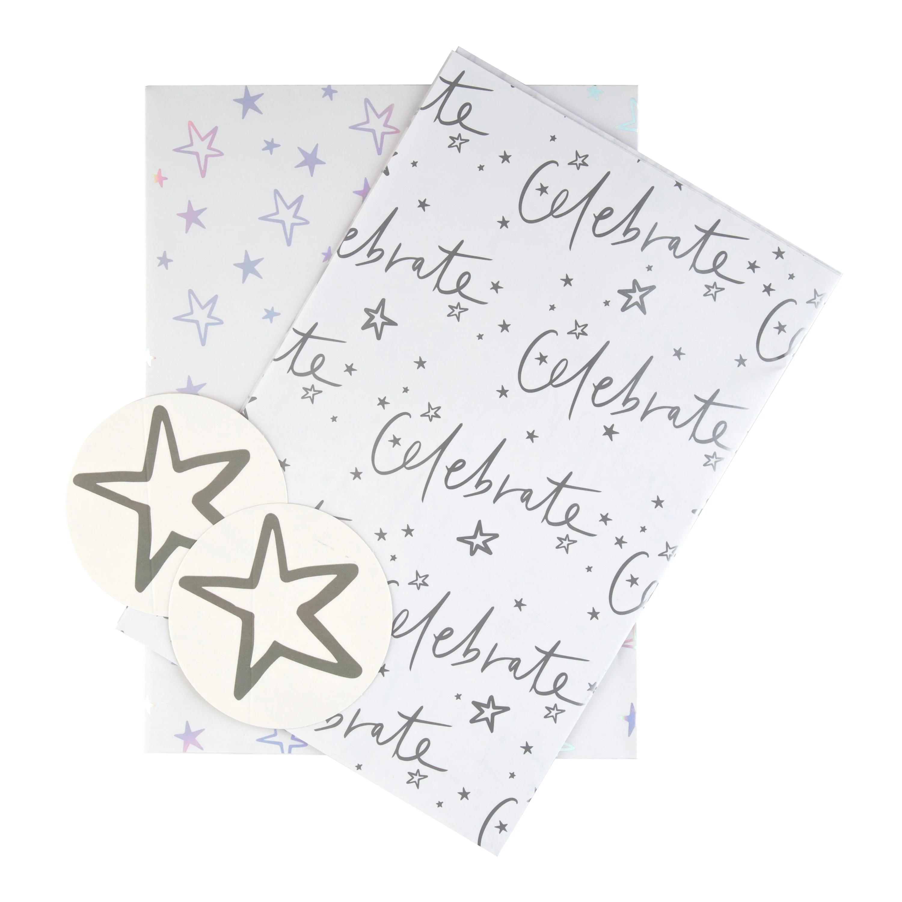 Celebration Wrapping Paper and Gift Tag Pack Bundle - 4 Sheets and 4 Tags in 2 Silver Star Designs - Image 2