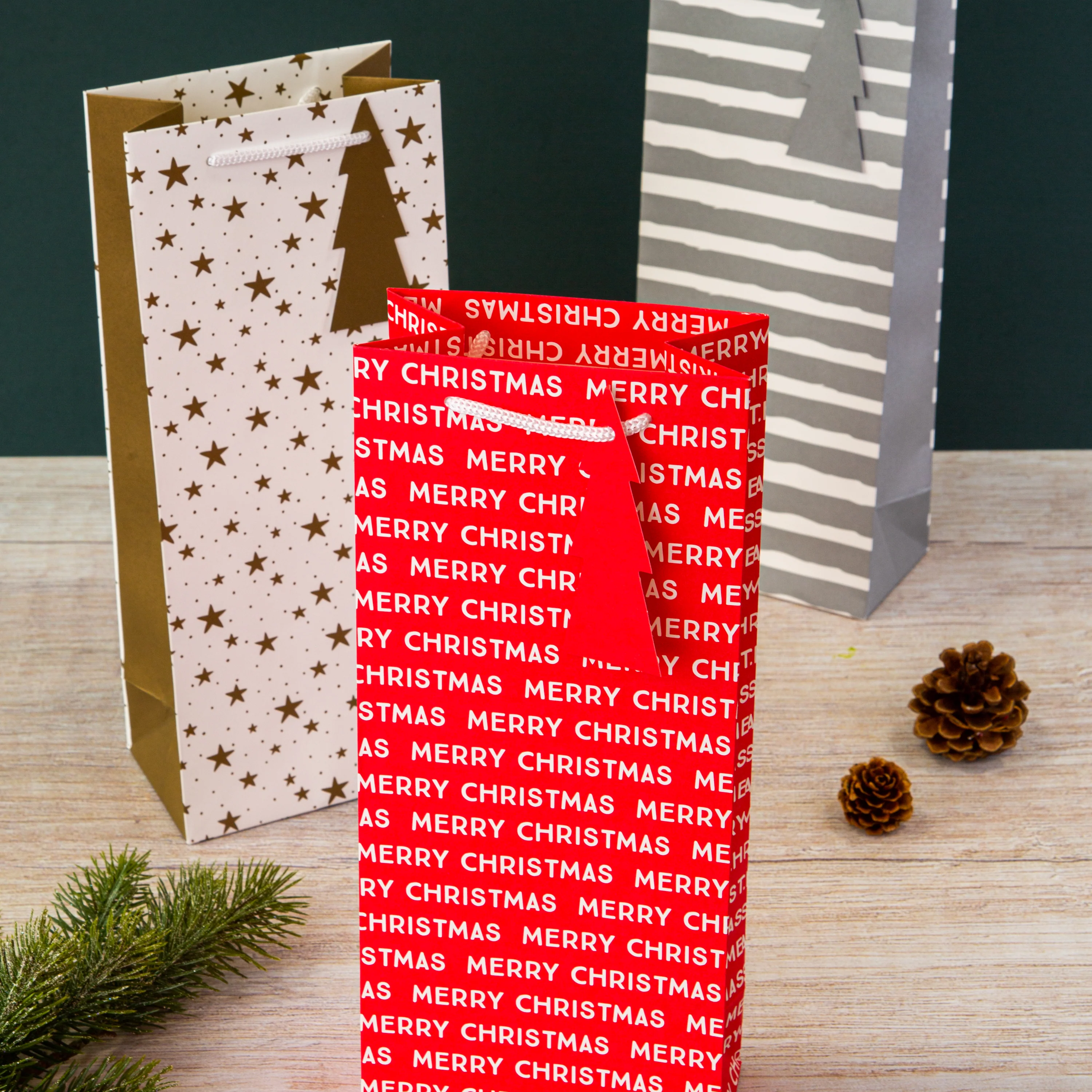 Christmas Bottle Gift Bags - Pack of 3 Bags in 3 Designs - Red, Silver and Gold - Image 2