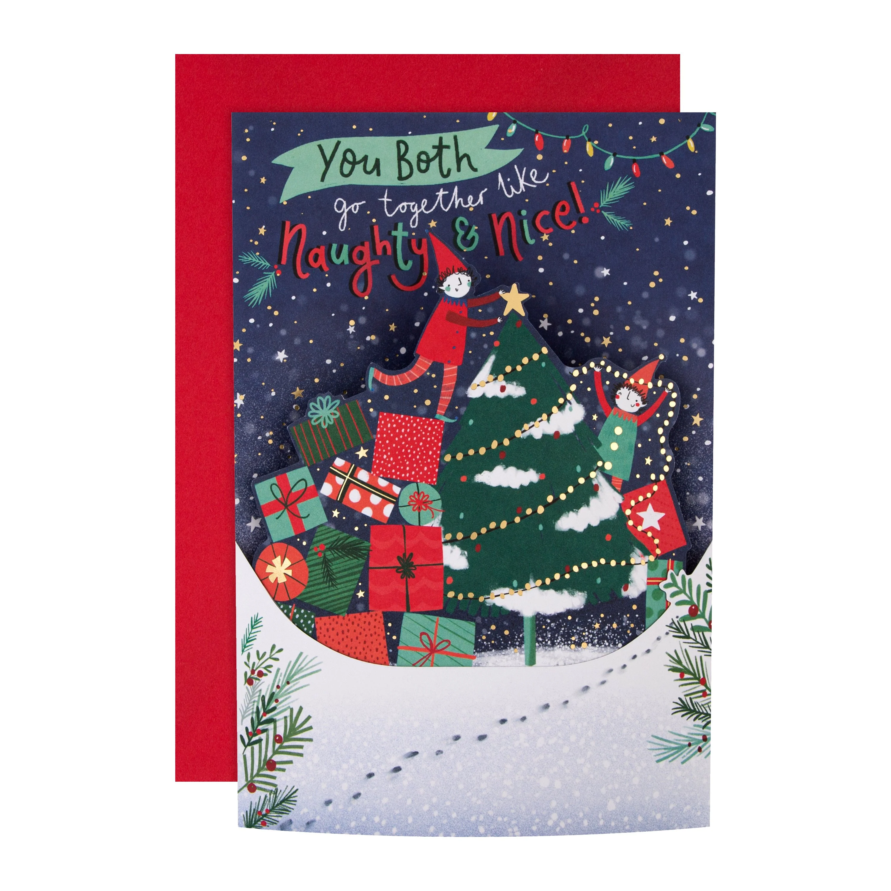 Christmas Card for Both of You - Tree Elves 3D Design with Gold Foil