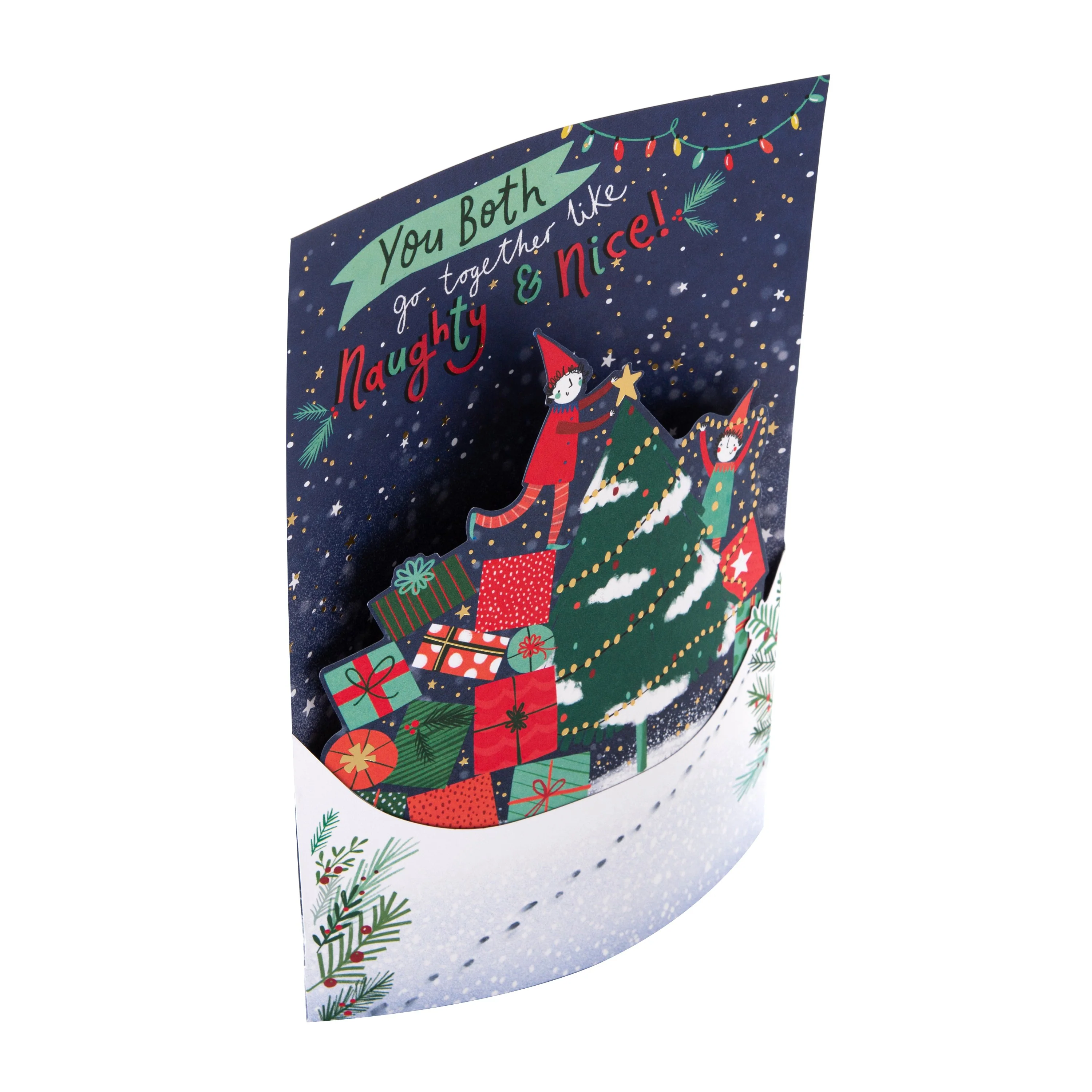 Christmas Card for Both of You - Tree Elves 3D Design with Gold Foil - Image 2