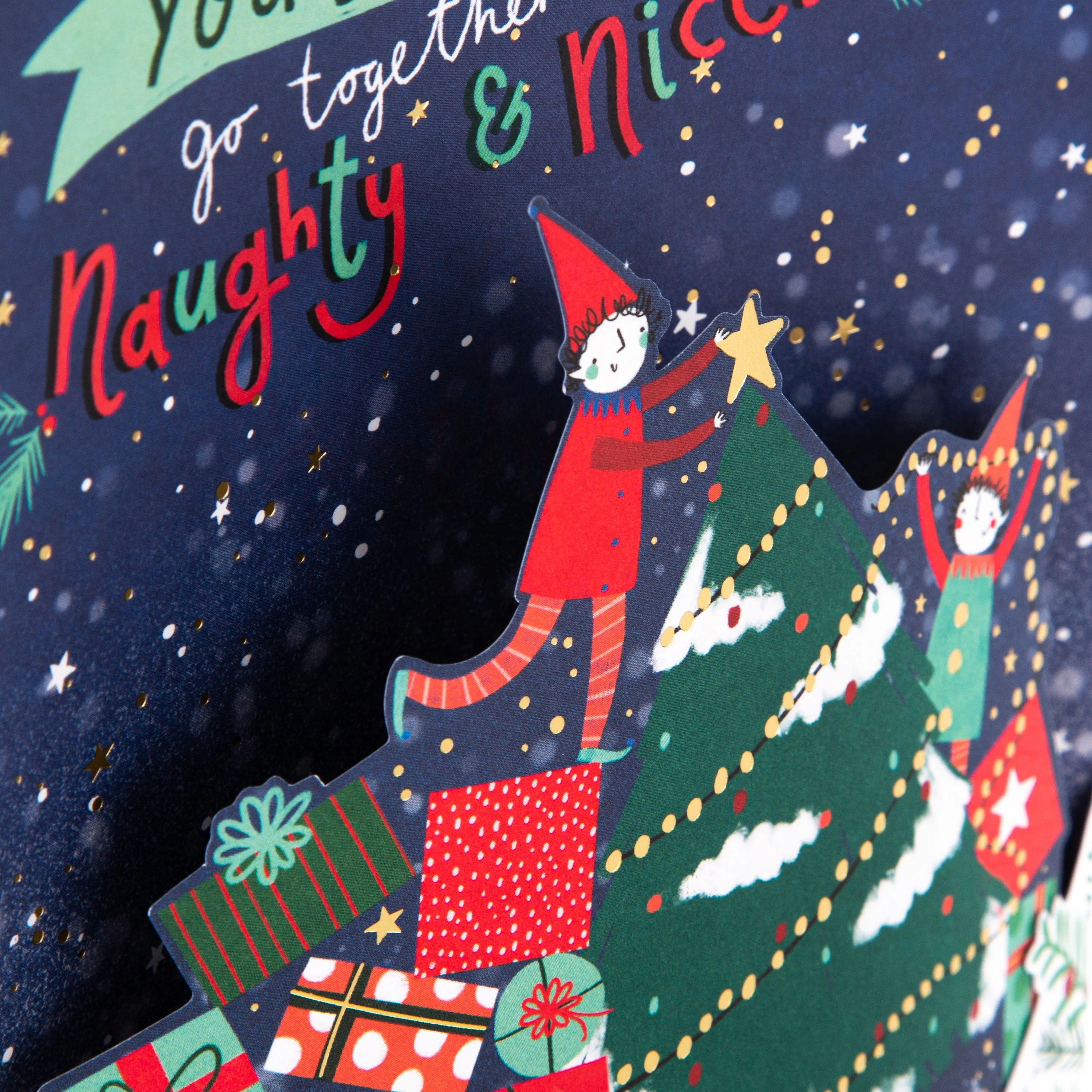 Christmas Card for Both of You - Tree Elves 3D Design with Gold Foil - Image 3