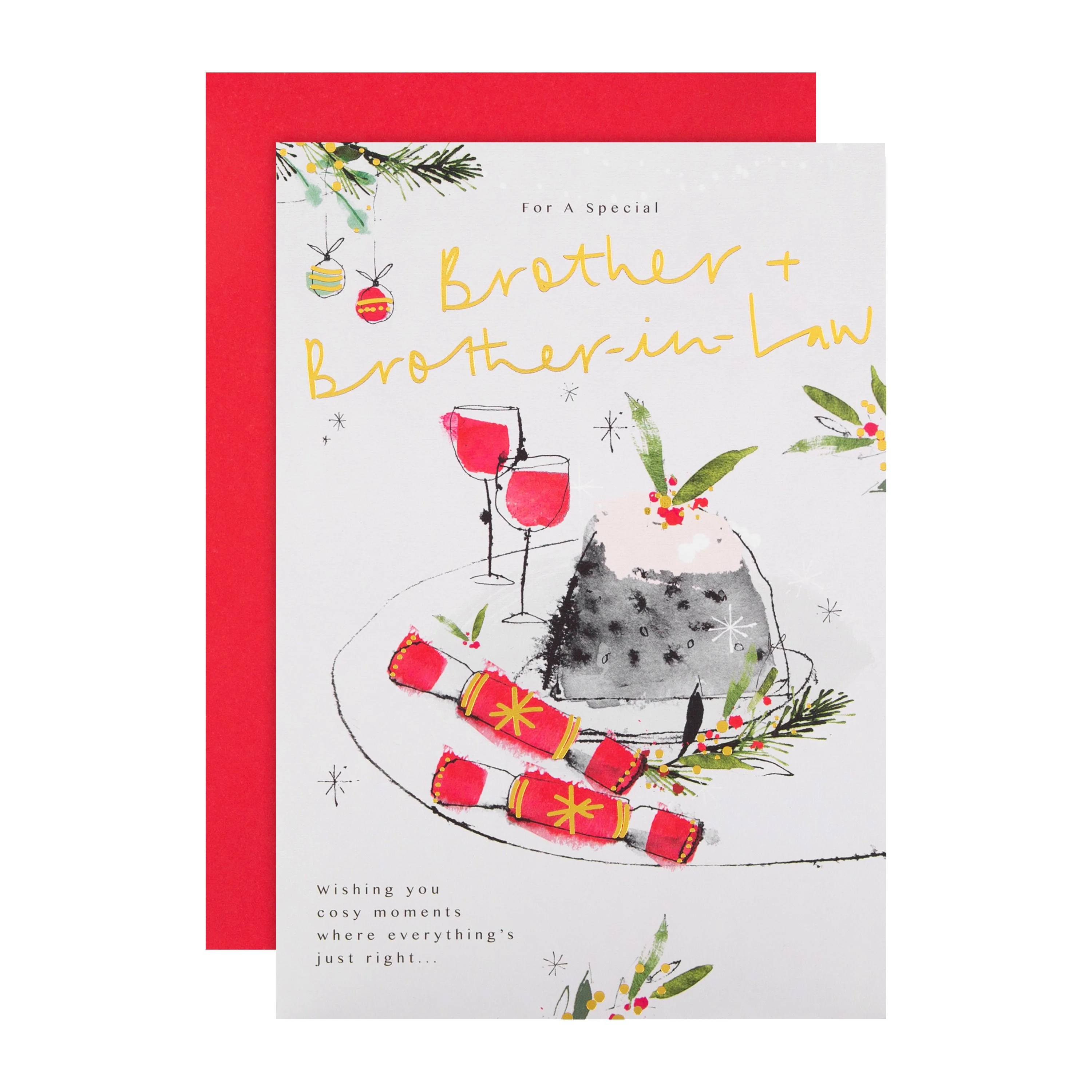 Christmas Card for Brother and Brother in Law - Traditional Pudding Design with Gold Foil