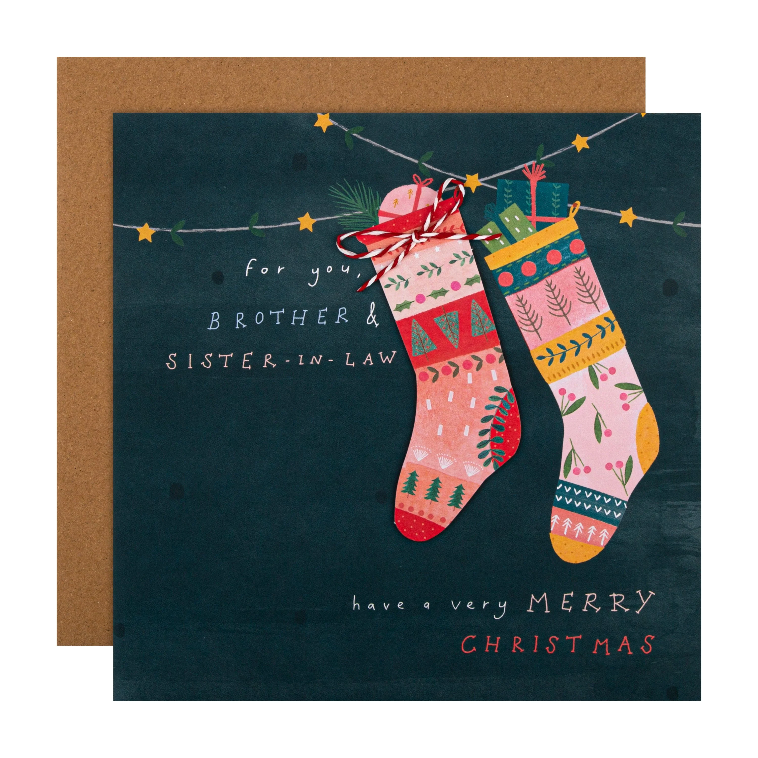 Christmas Card for Brother and Sister In Law - Classic Stockings Design with 3D Add On