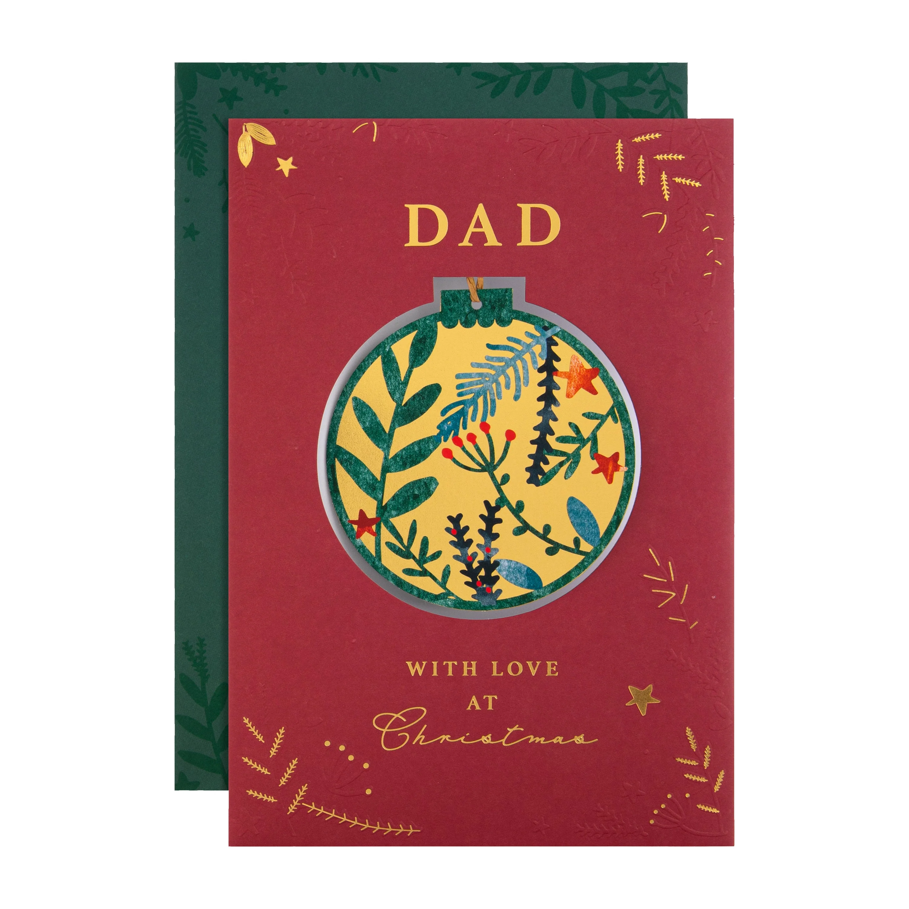 Christmas Card for Dad - Traditional Foliage & Bauble Design with Keepsake