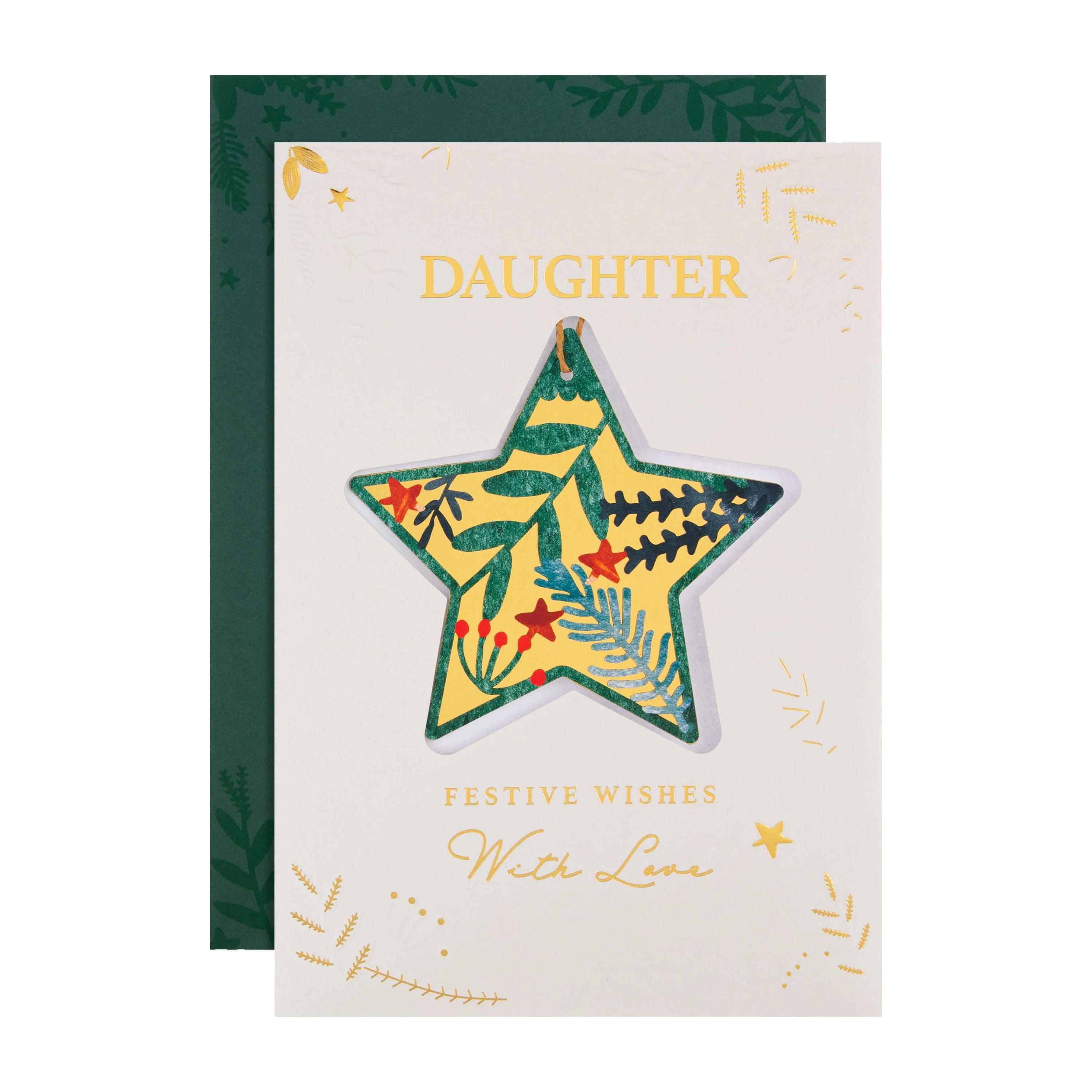 Christmas Card for Daughter - Traditional Foliage & Bauble Design with Keepsake