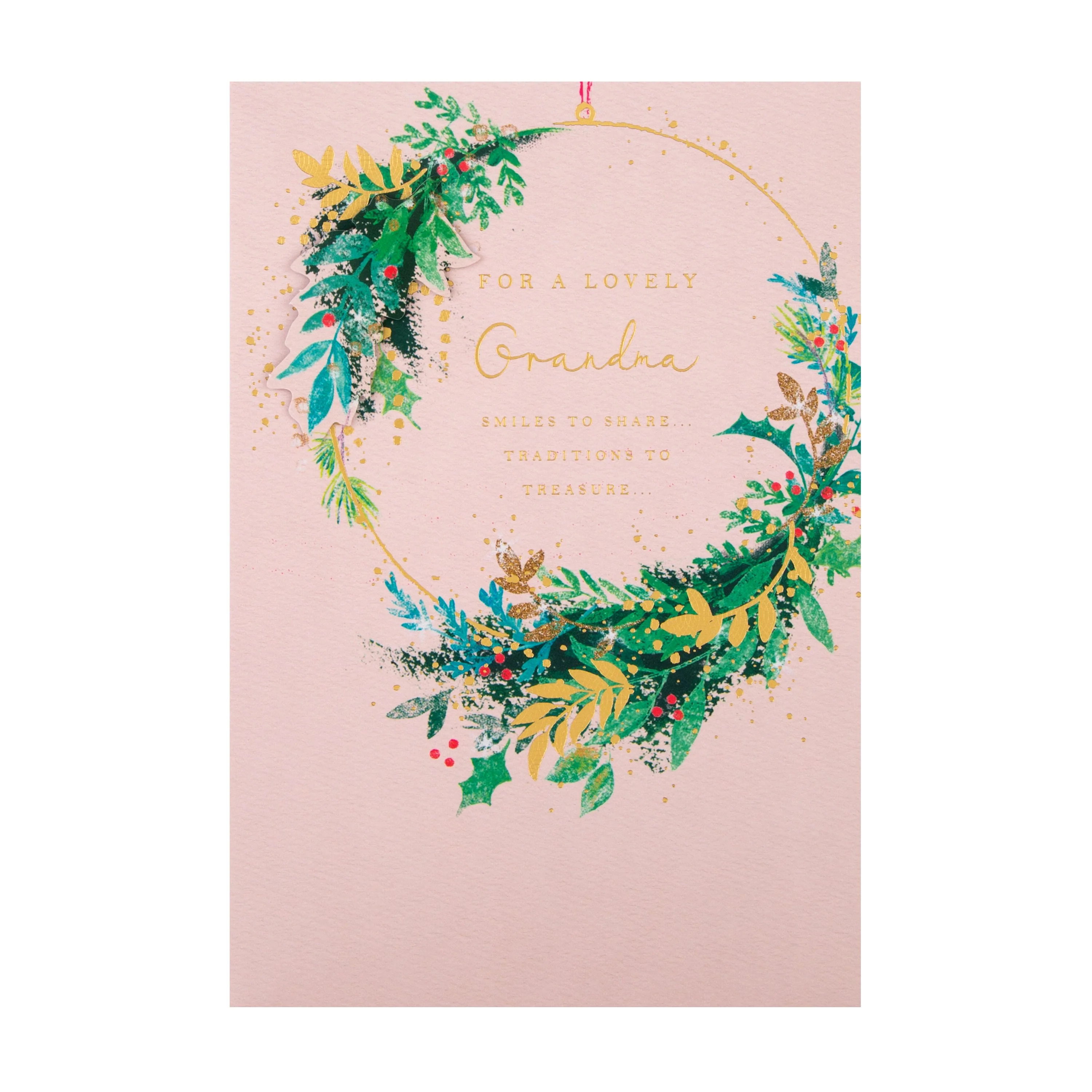 Christmas Card for Grandma - Classic Wreath Design with 3D Add On and Gold Foil - Image 3