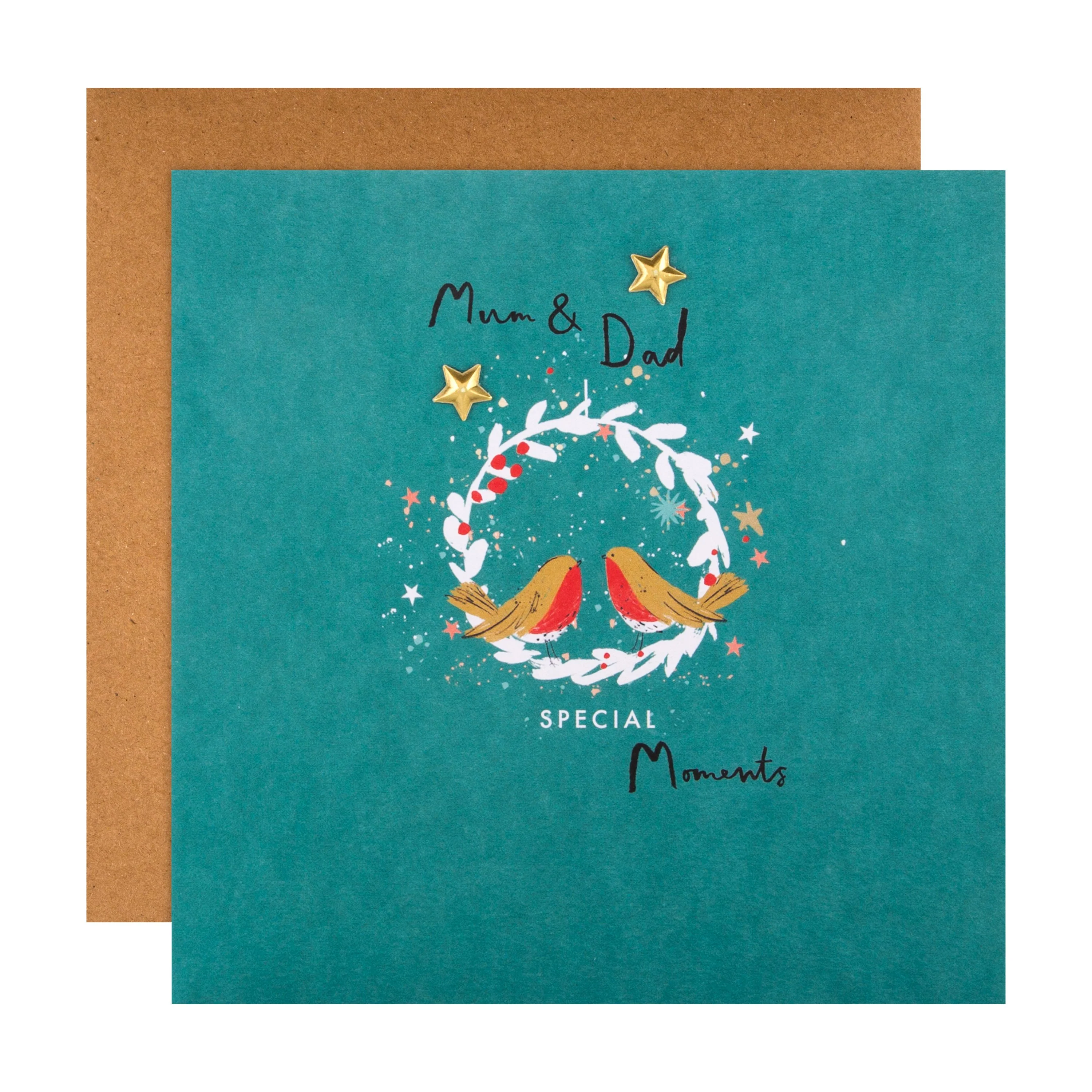 Christmas Card for Mum and Dad - Wreath and Robins Design with Gold Star Attachments
