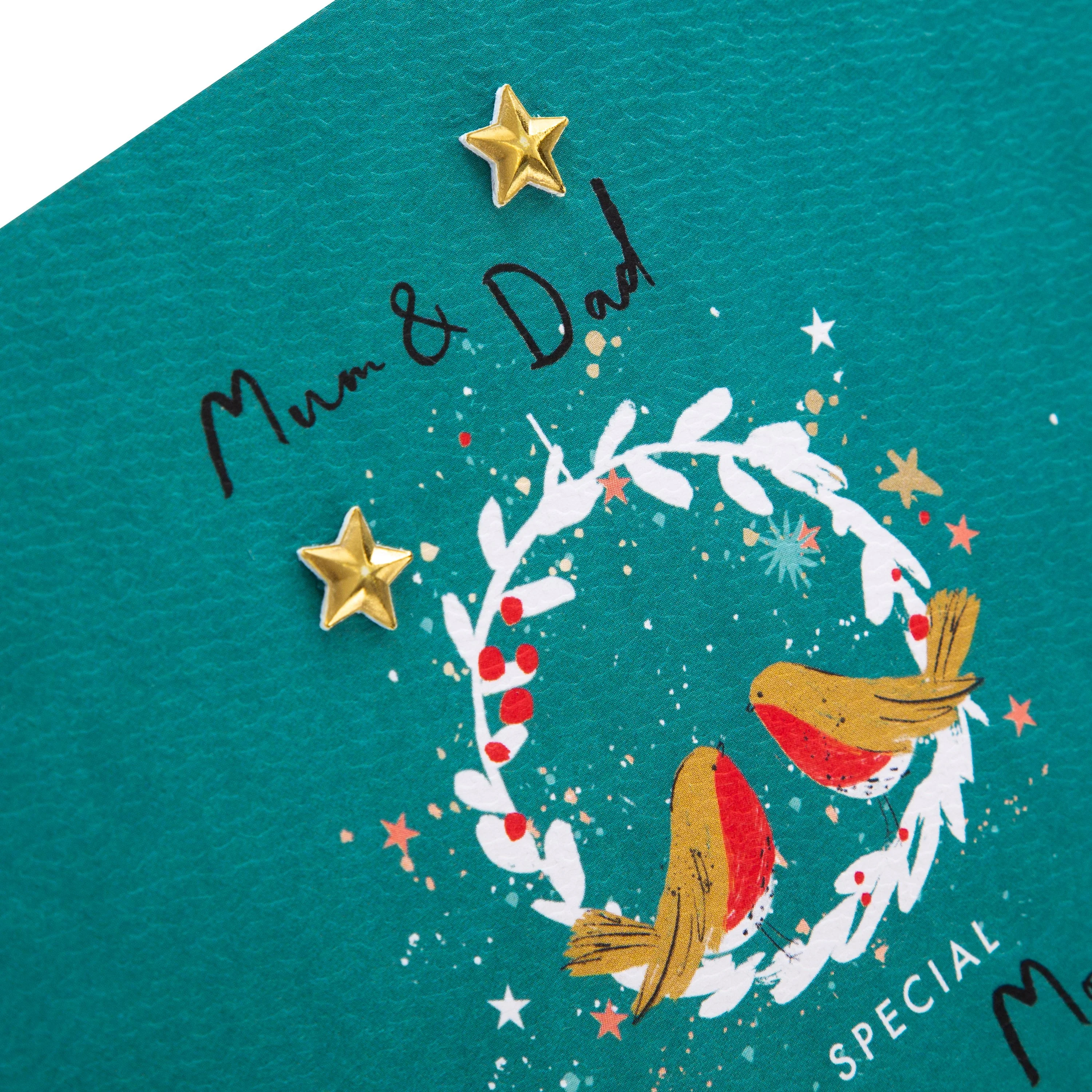 Christmas Card for Mum and Dad - Wreath and Robins Design with Gold Star Attachments - Image 3