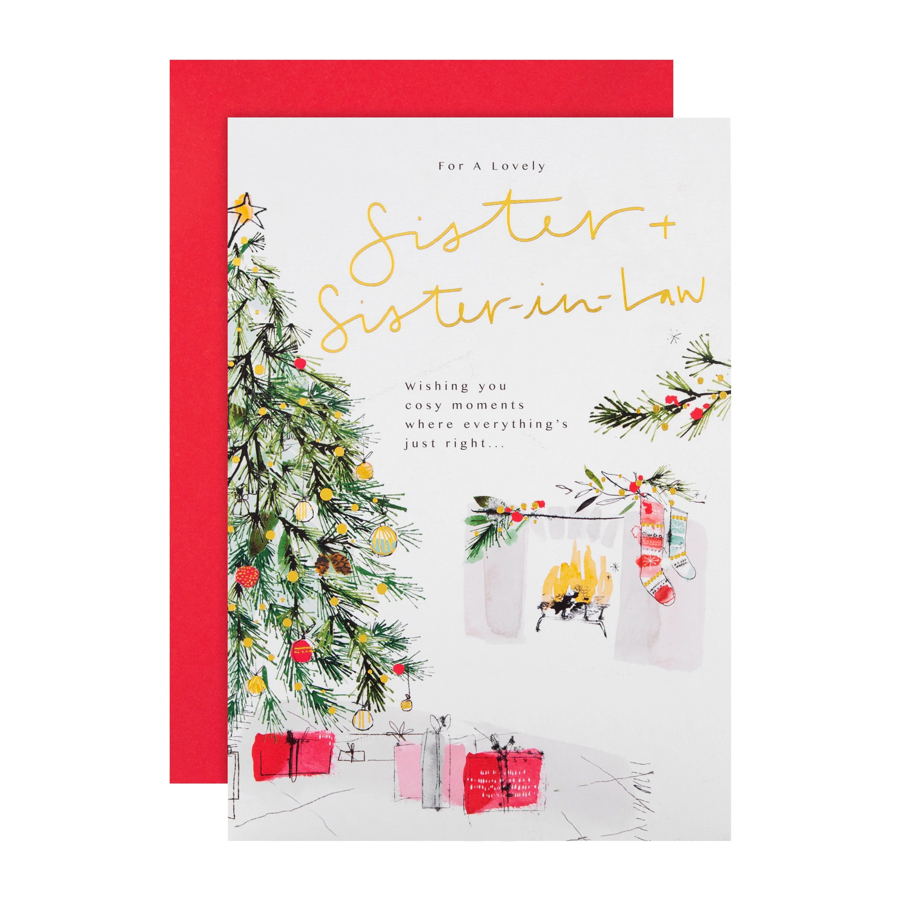 Christmas Card for Sister and Sister in Law - Traditional Tree and Presents Design