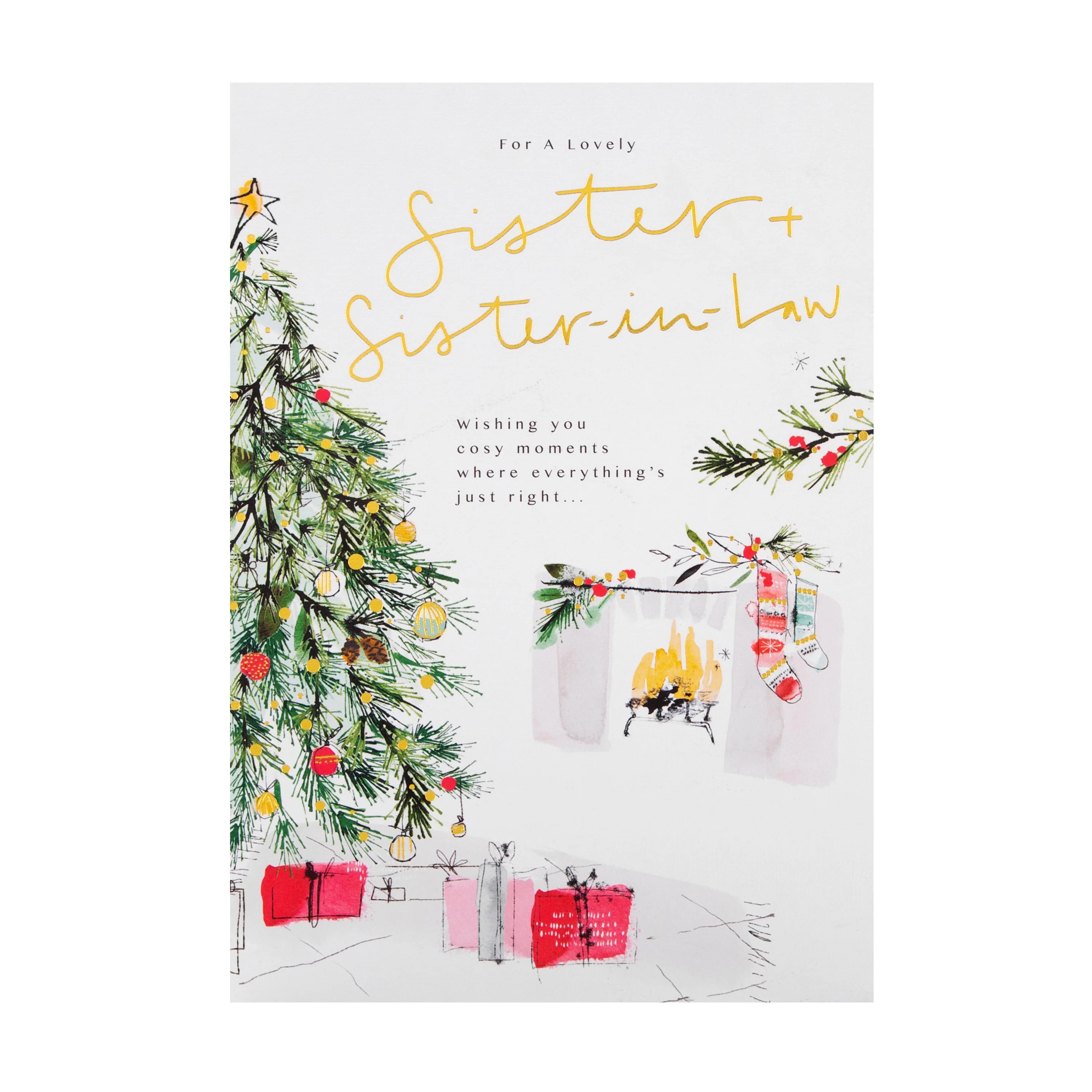 Christmas Card for Sister and Sister in Law - Traditional Tree and Presents Design - Image 3