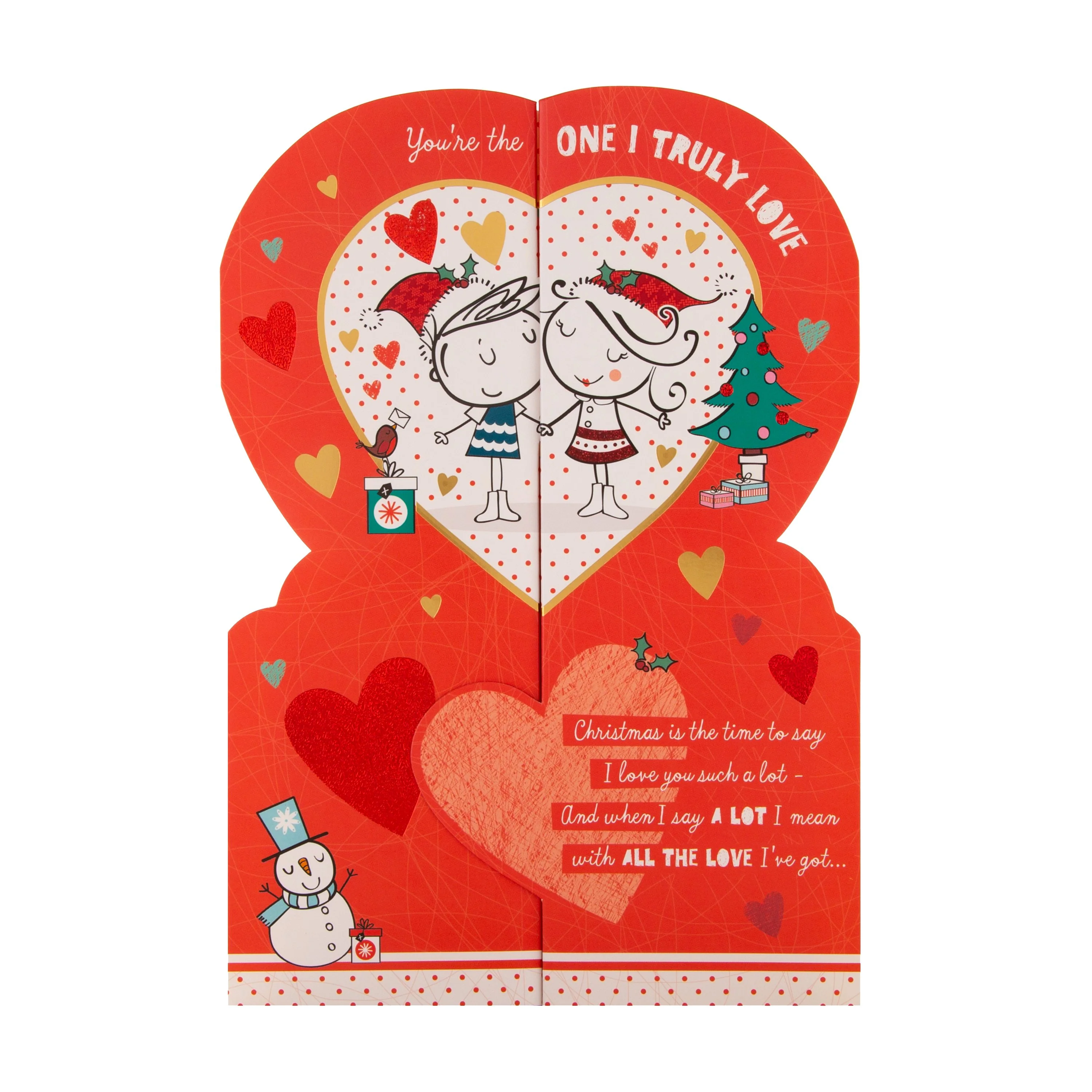 Christmas Card for the One I Love - Cute Heart Gate Fold Design with Gold and Red Foil - Image 3