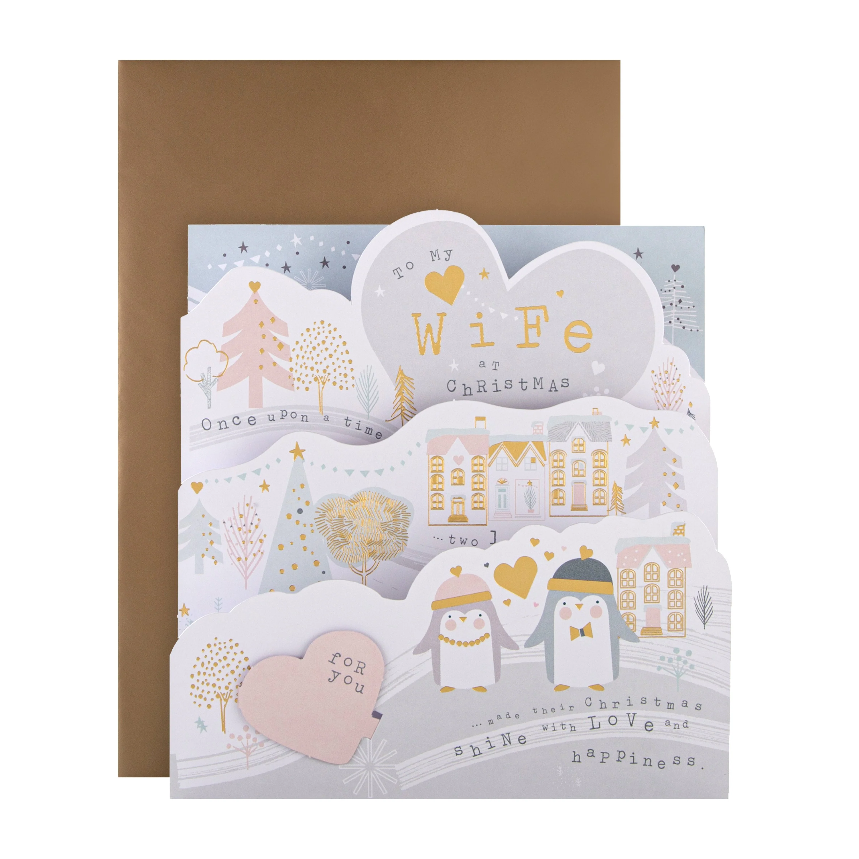 Christmas Card for Wife - Cute Snow 3D Design with Gold Foil