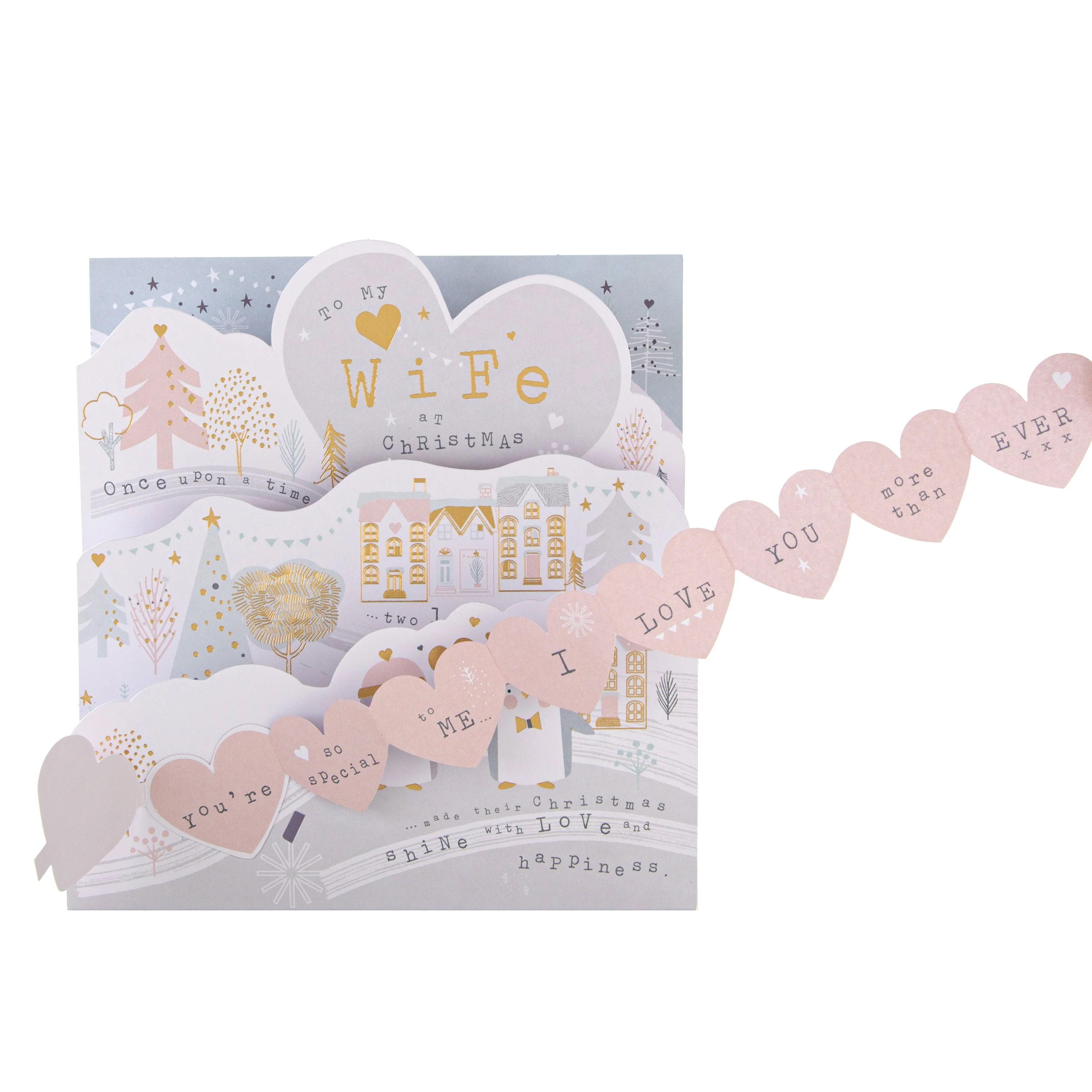 Christmas Card for Wife - Cute Snow 3D Design with Gold Foil - Image 3