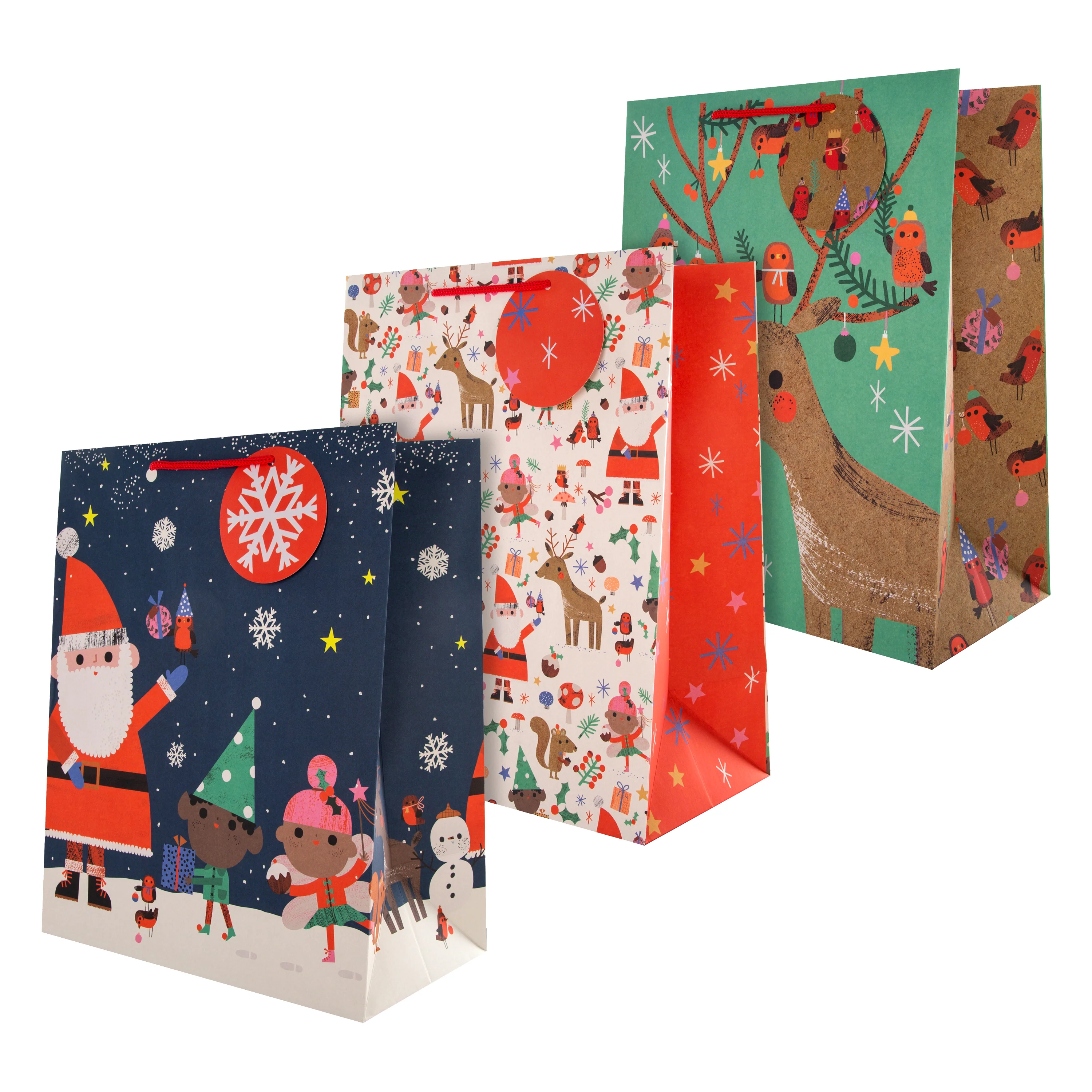 Christmas Gift Bags - Pack of 3 in 3 Festive Santa & Reindeer Designs