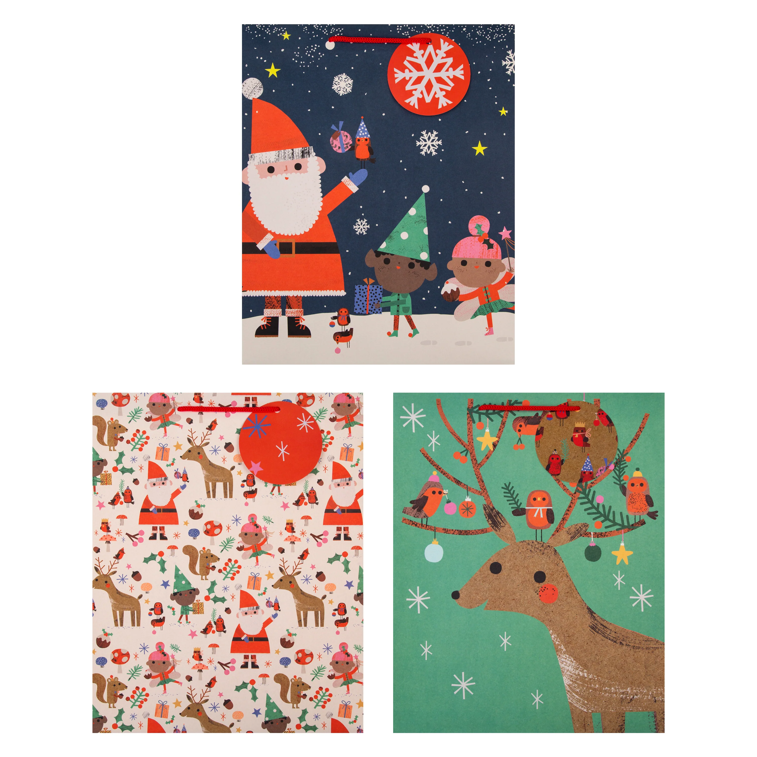 Christmas Gift Bags - Pack of 3 in 3 Festive Santa & Reindeer Designs - Image 2