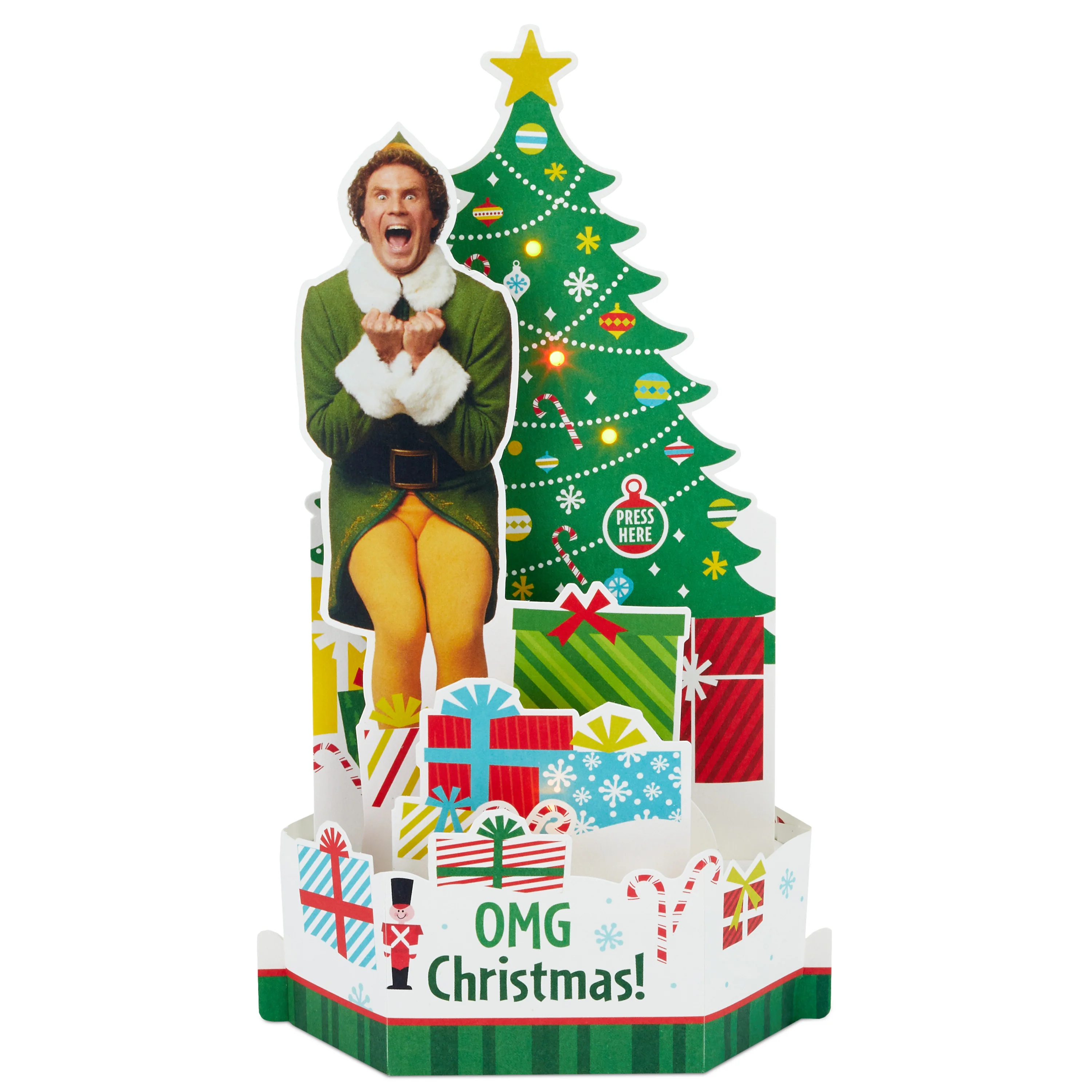 Christmas Paper Wonder Card - 3D Pop Up Buddy the Elf with Tree and Light and Sound Design