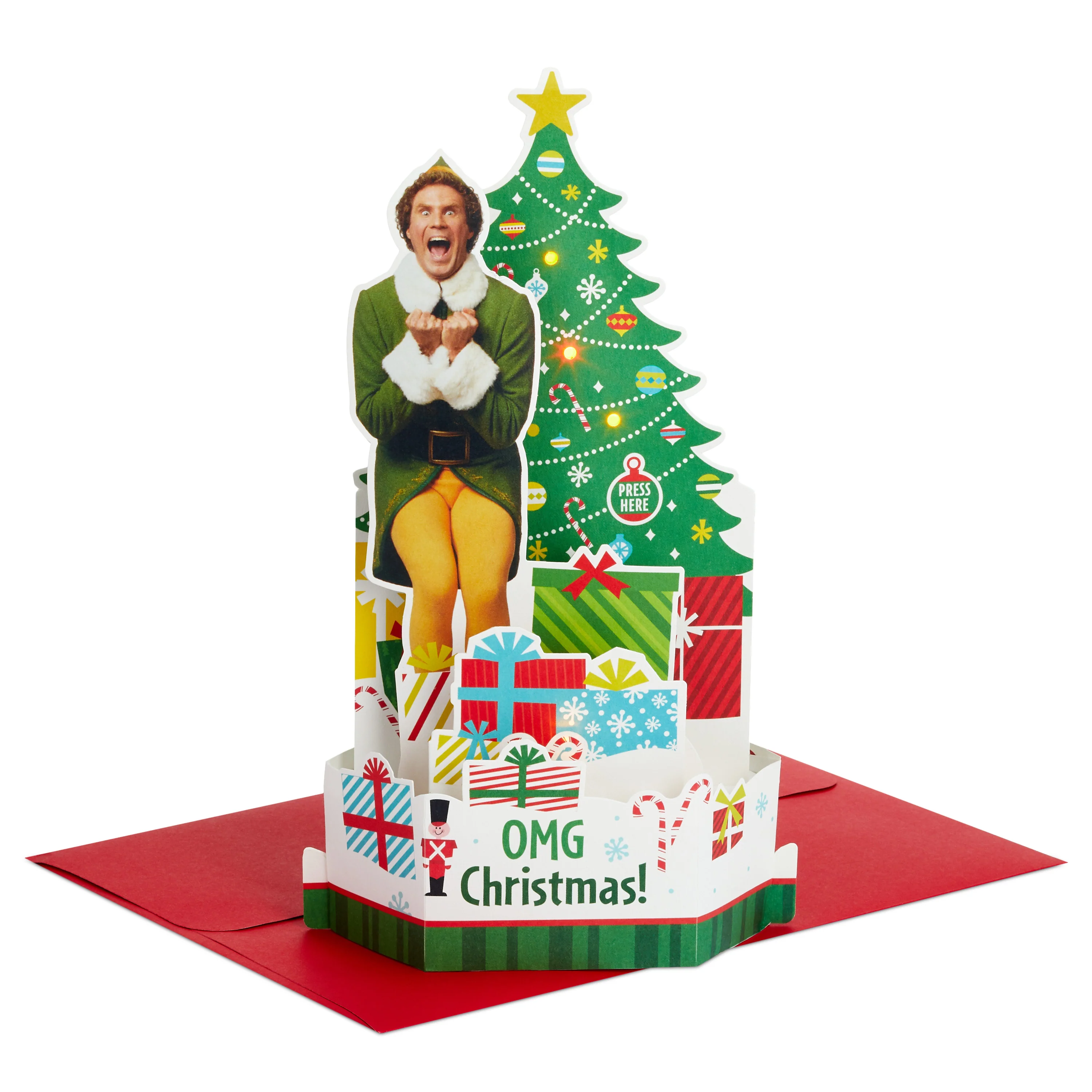Christmas Paper Wonder Card - 3D Pop Up Buddy the Elf with Tree and Light and Sound Design - Image 2