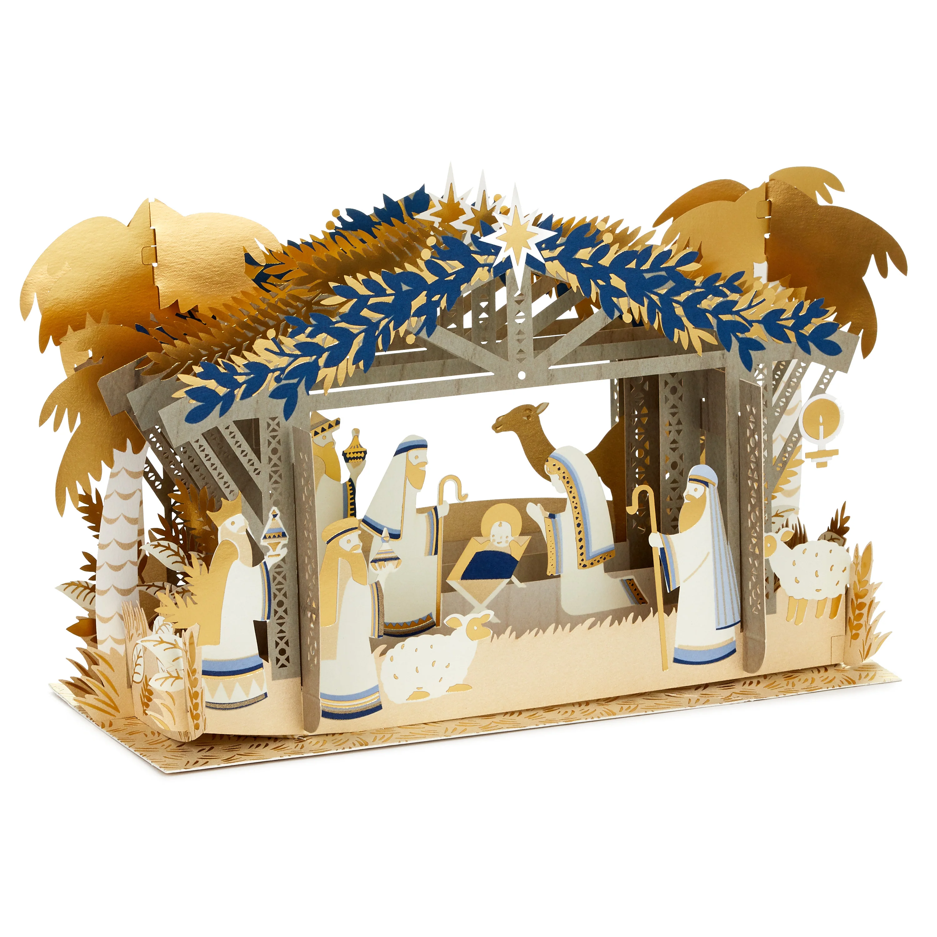 Christmas Paper Wonder Card - 3D & Pop Up Gold & Navy Nativity Scene Design