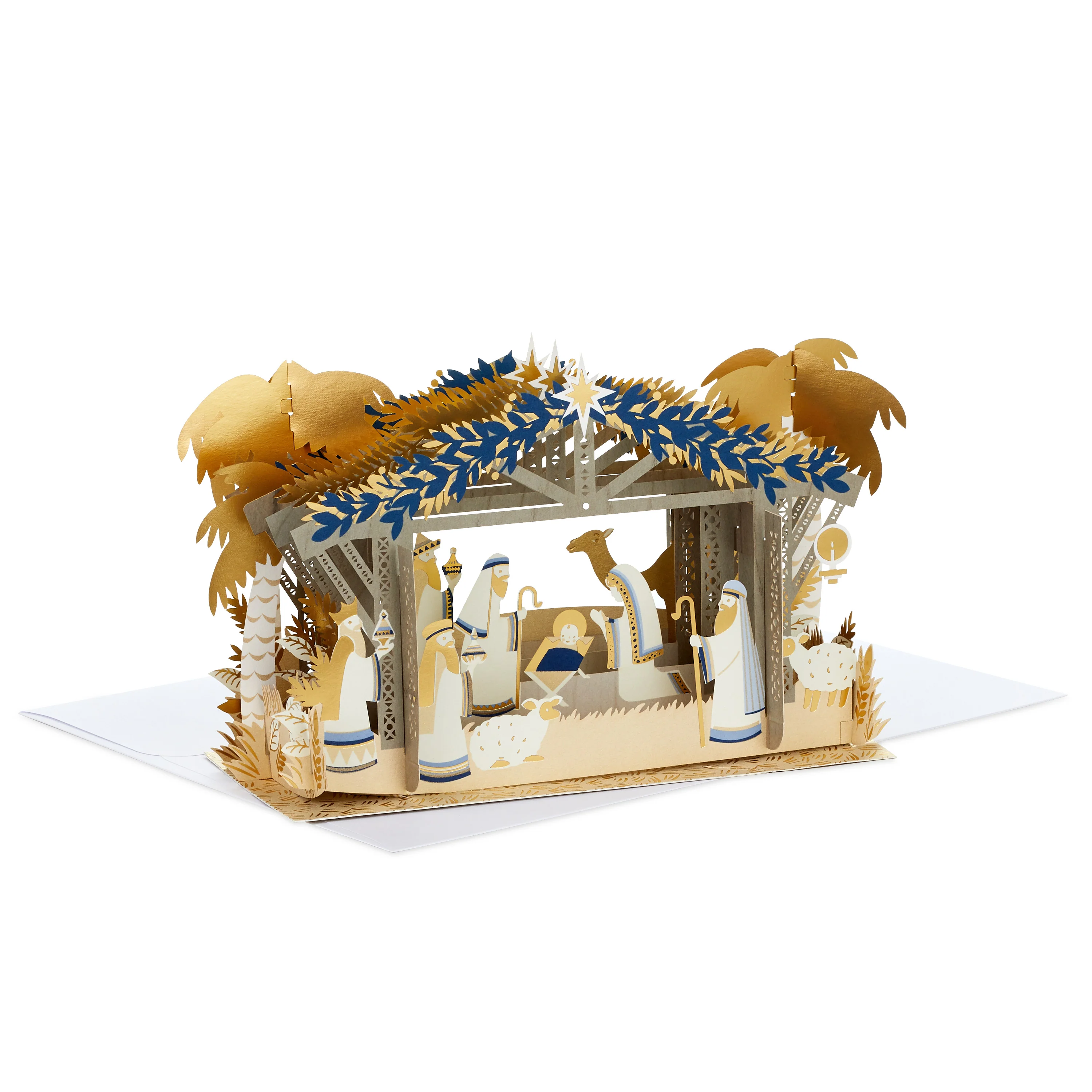 Christmas Paper Wonder Card - 3D & Pop Up Gold & Navy Nativity Scene Design - Image 2