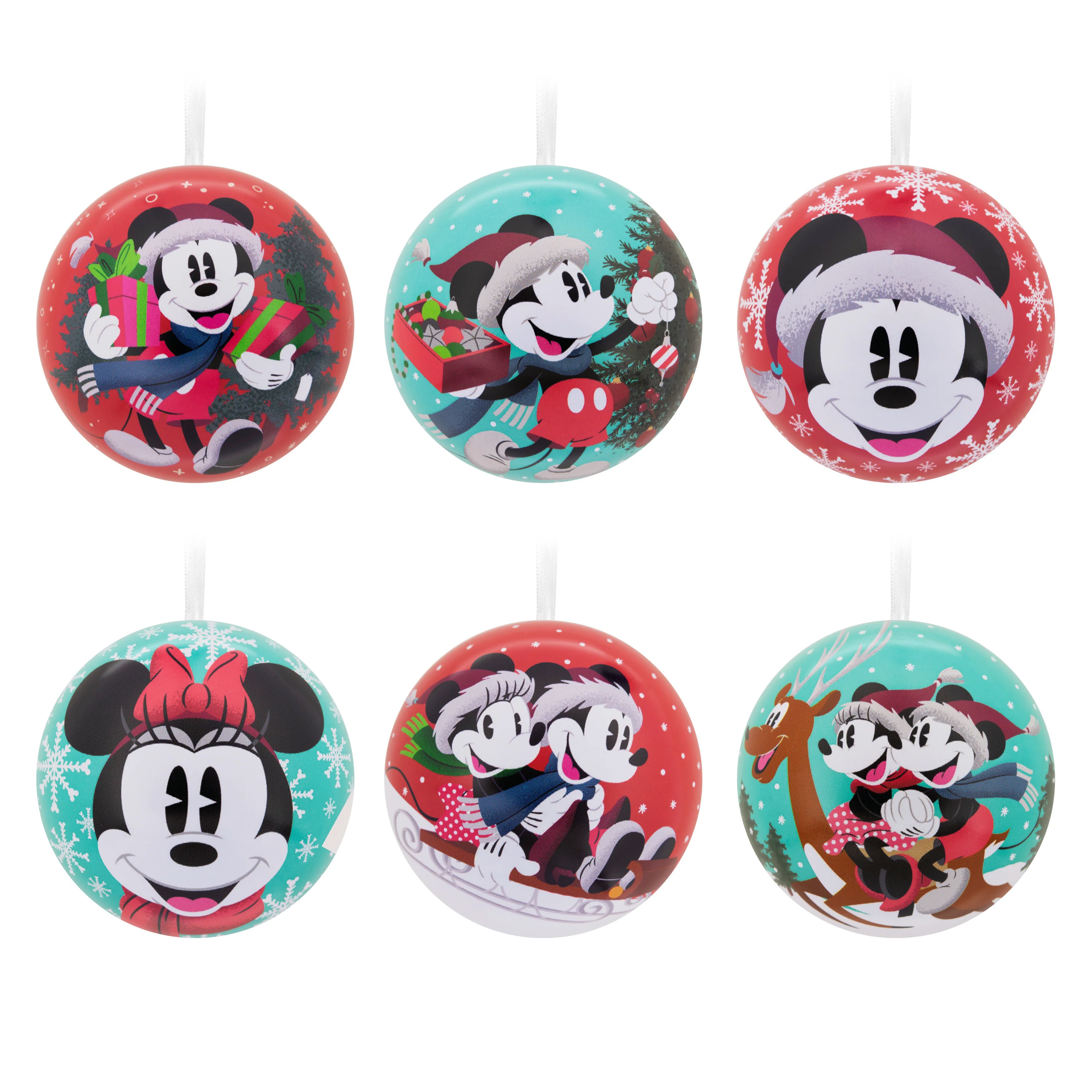 Disney Mickey & Minnie Mouse Tin Bauble Christmas Ornaments, Pack of 12