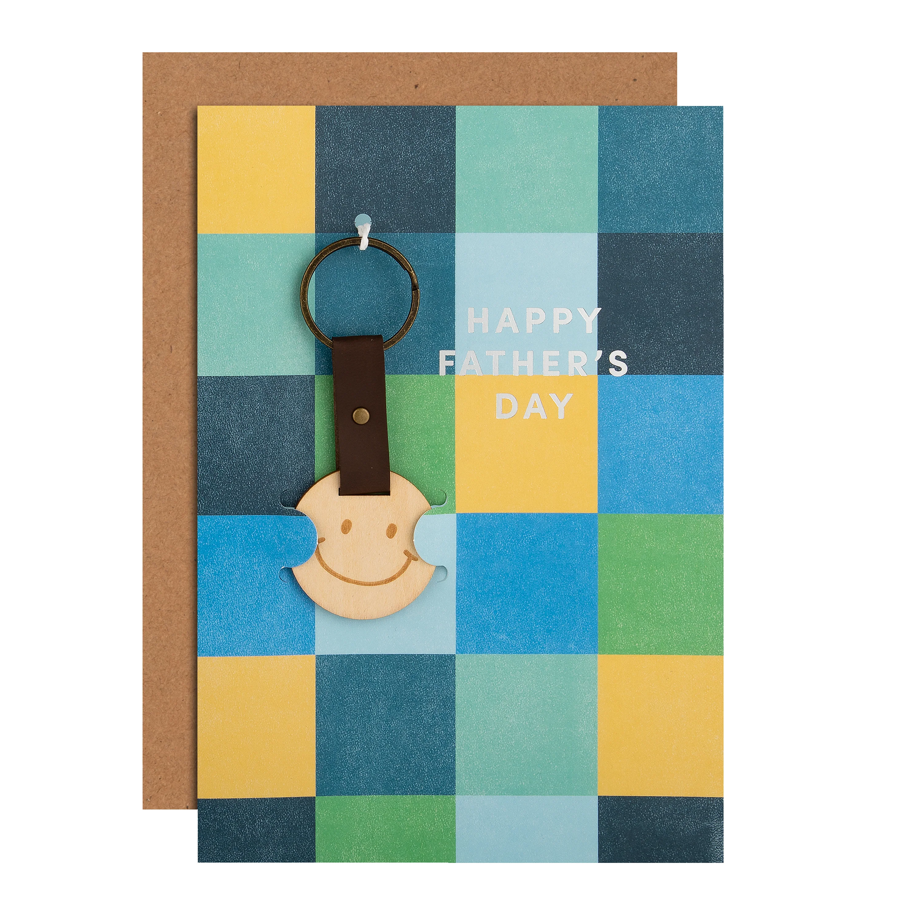 Father's Day Card - Blue & Yellow Checks Design with Wooden Keyring Keepsake