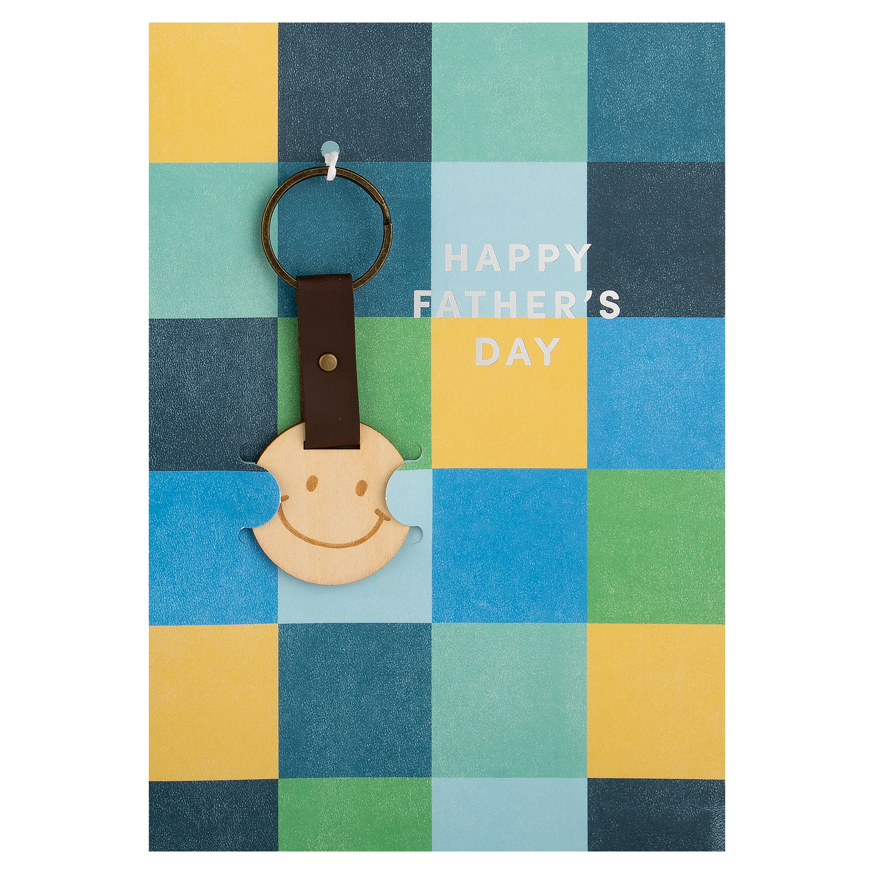 Father's Day Card - Blue & Yellow Checks Design with Wooden Keyring Keepsake - Image 4
