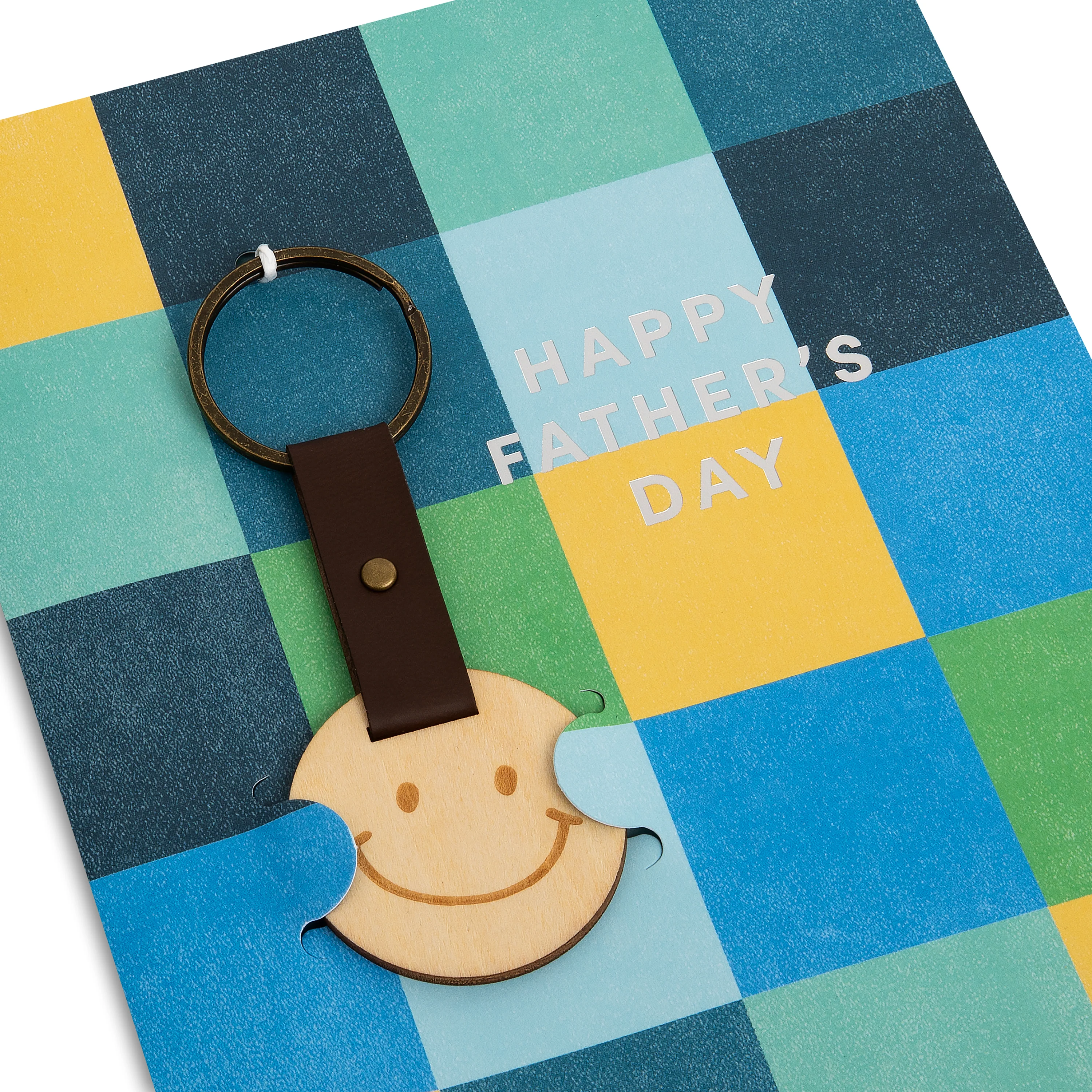Father's Day Card - Blue & Yellow Checks Design with Wooden Keyring Keepsake - Image 5