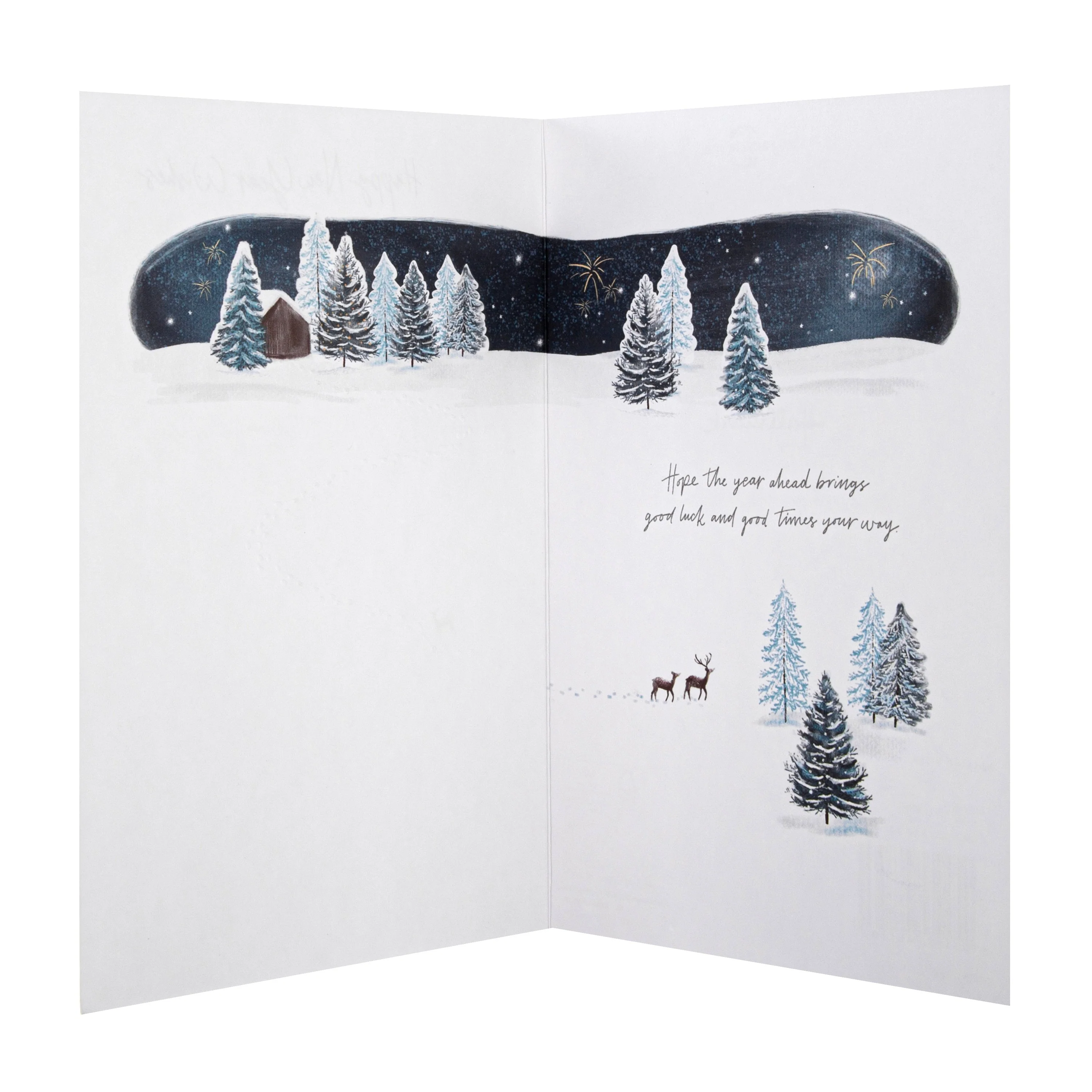Happy New Year Card - Classic Winter's Snowy Night Design with Gold Foil - Image 2