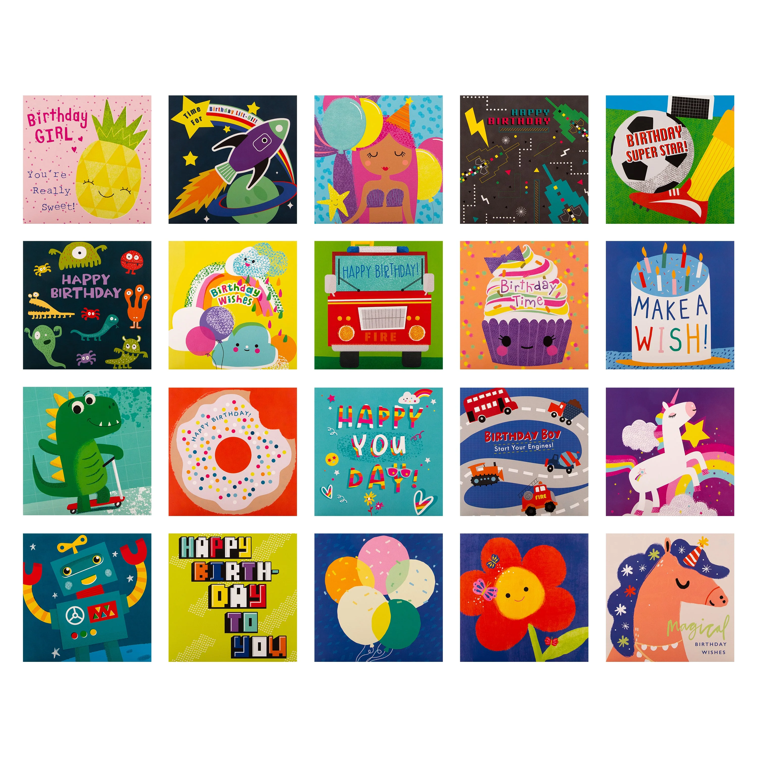 Kids Birthday Cards  - Multipack of 20 in 20 Fun Designs