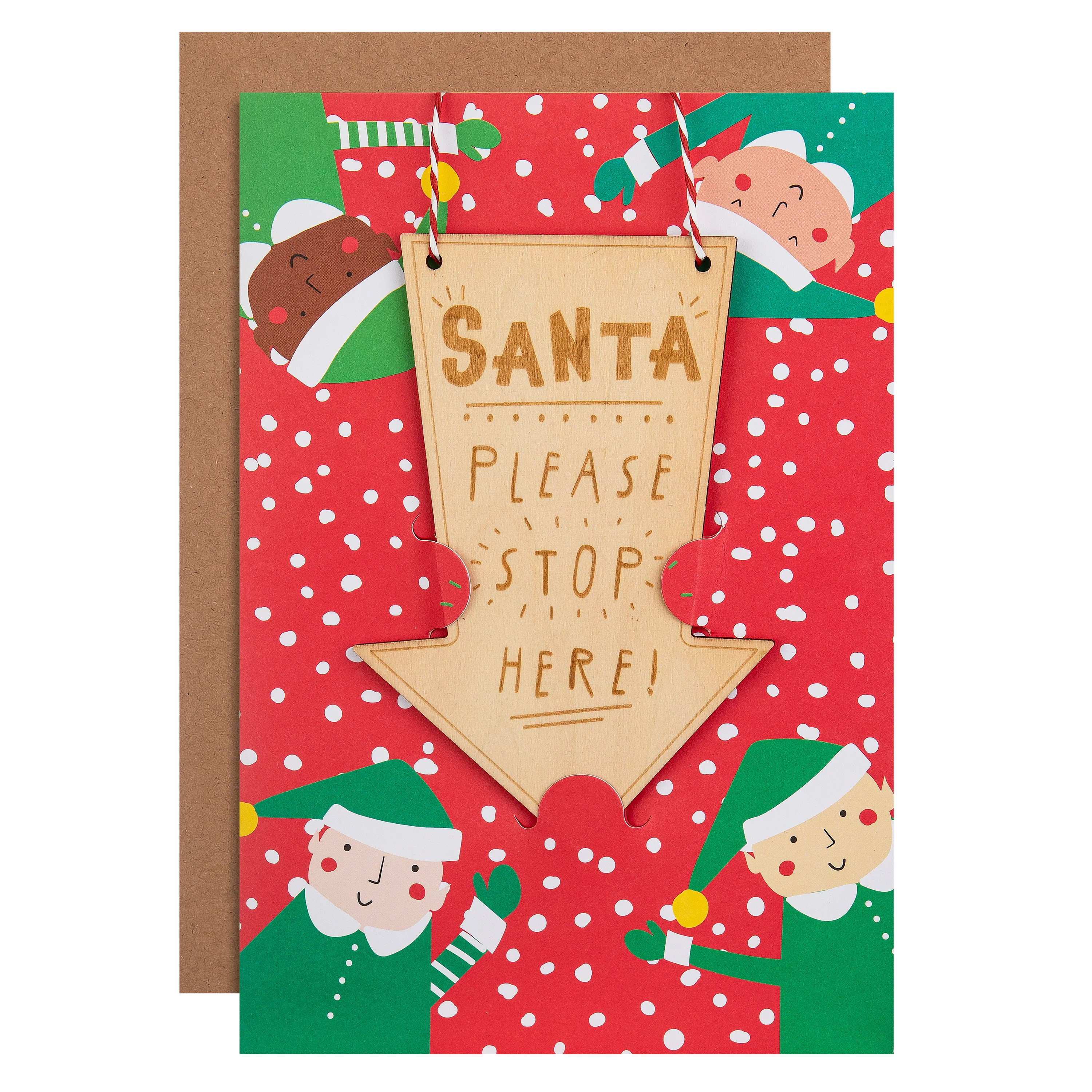 Kids Christmas Card - Cute Elves Design with Wooden Keepsake