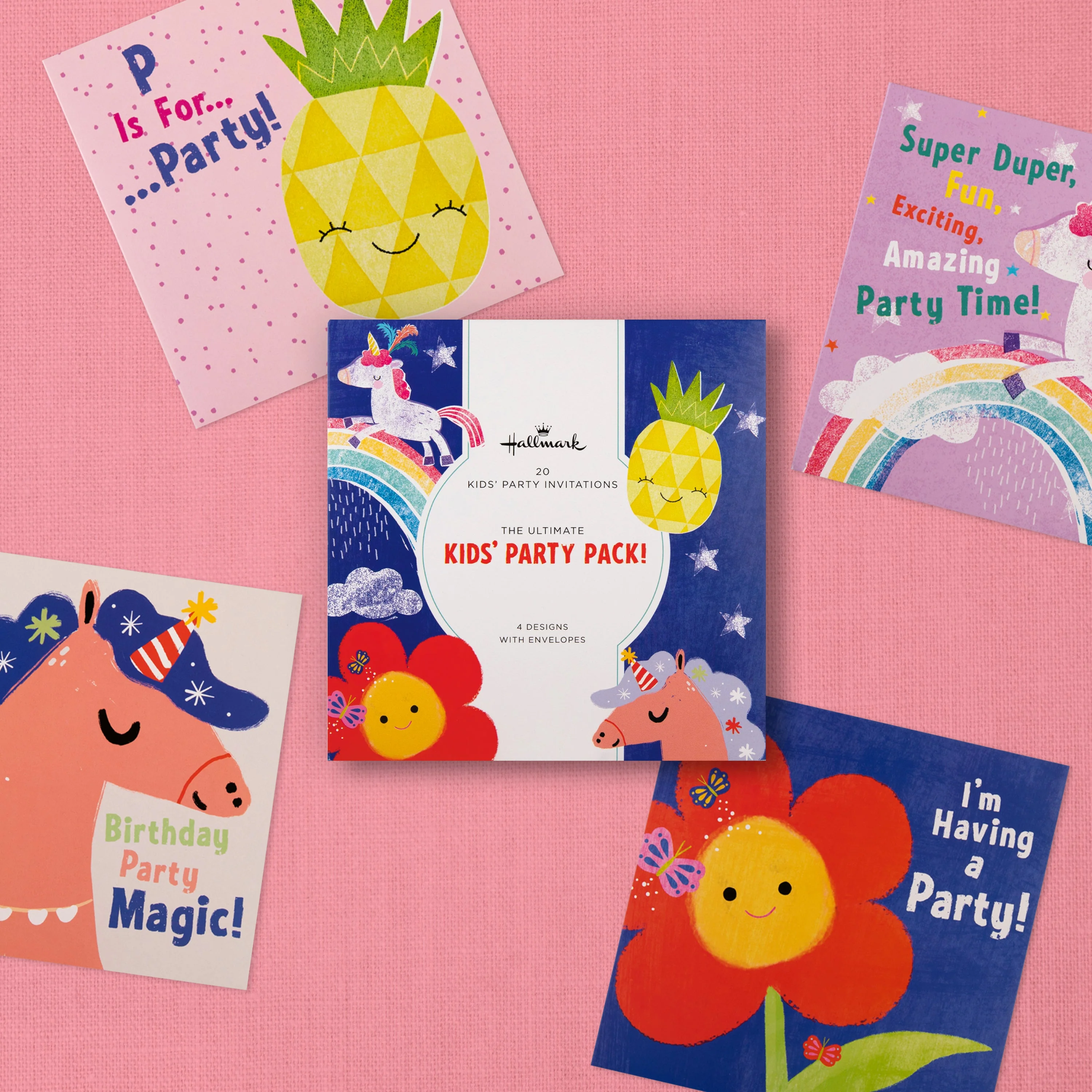 Kids Party Invitations Multipack - Pack of 20 Cute Unicorns, Flowers & Pineapple Designs - Image 2