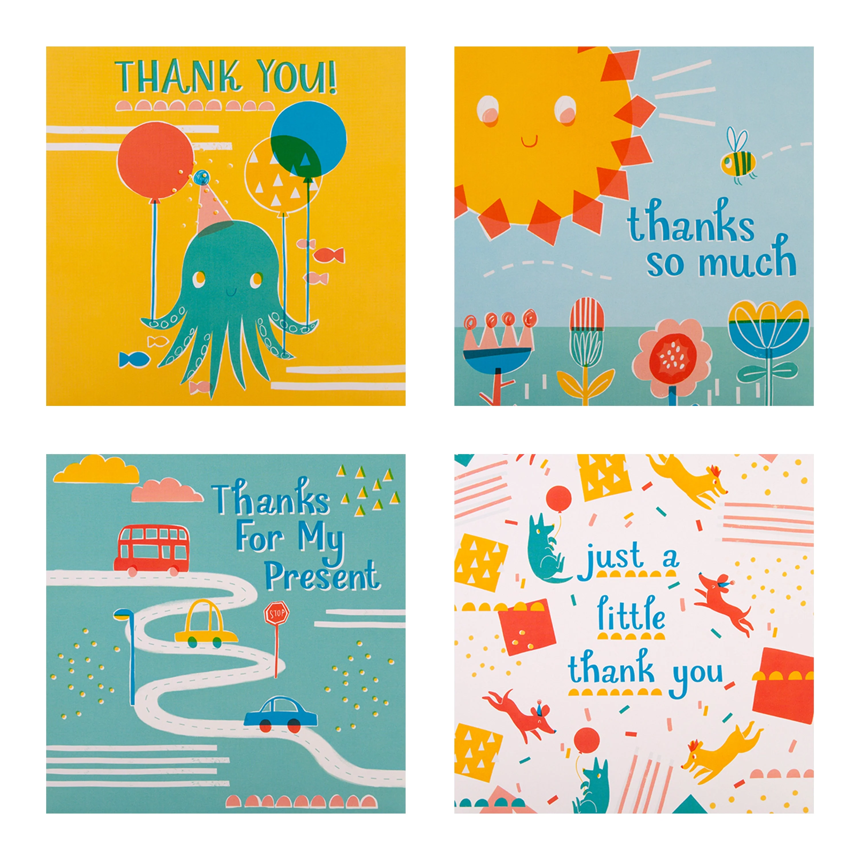 Kids' Thank You Cards - Multipack of 20 in 4 Cute Designs