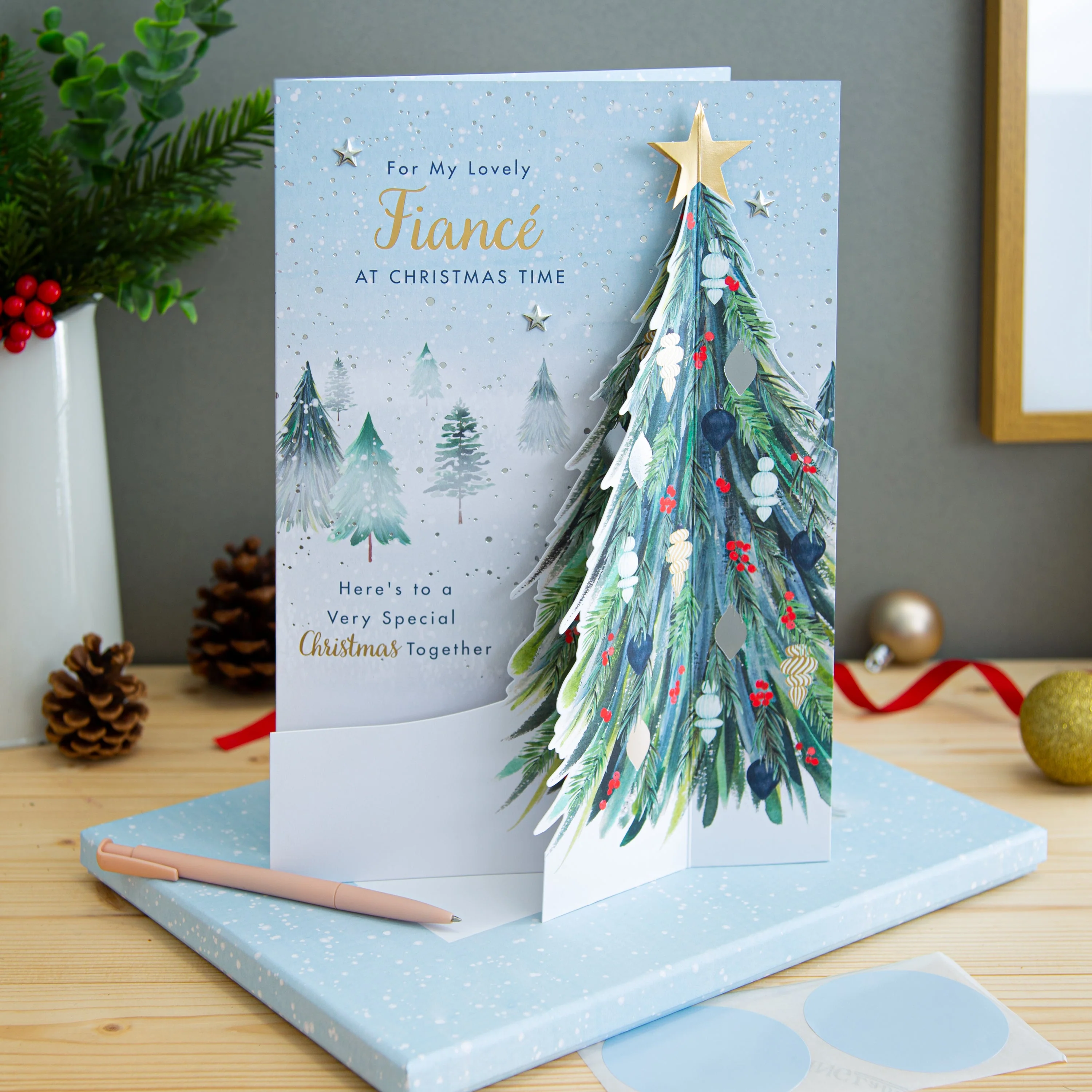 Large Luxury Boxed Christmas Card for Fiancé - Classic Winter Scene with Tree Design